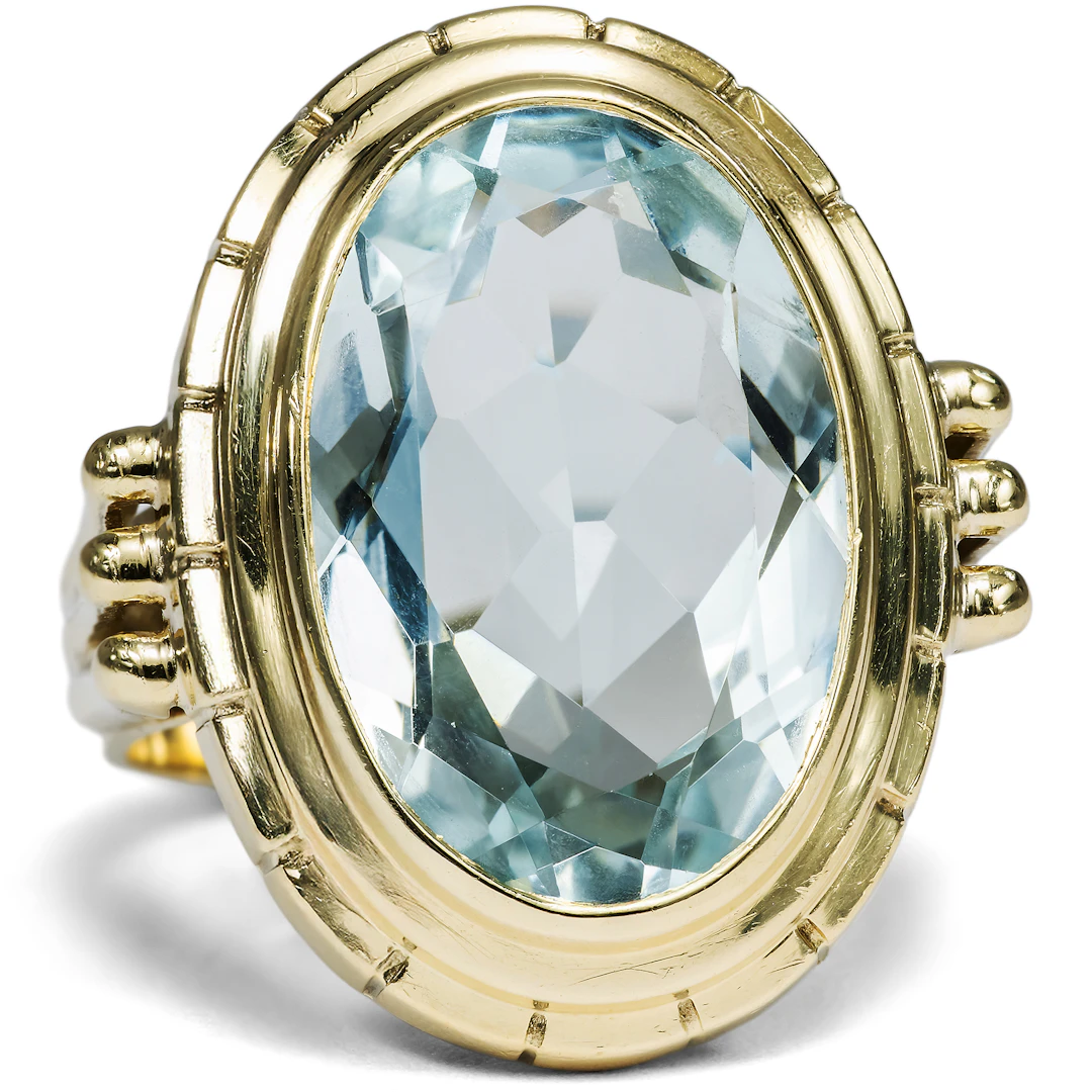 Large Cocktail Ring with Natural Aquamarine Set in Gold, c. 1955