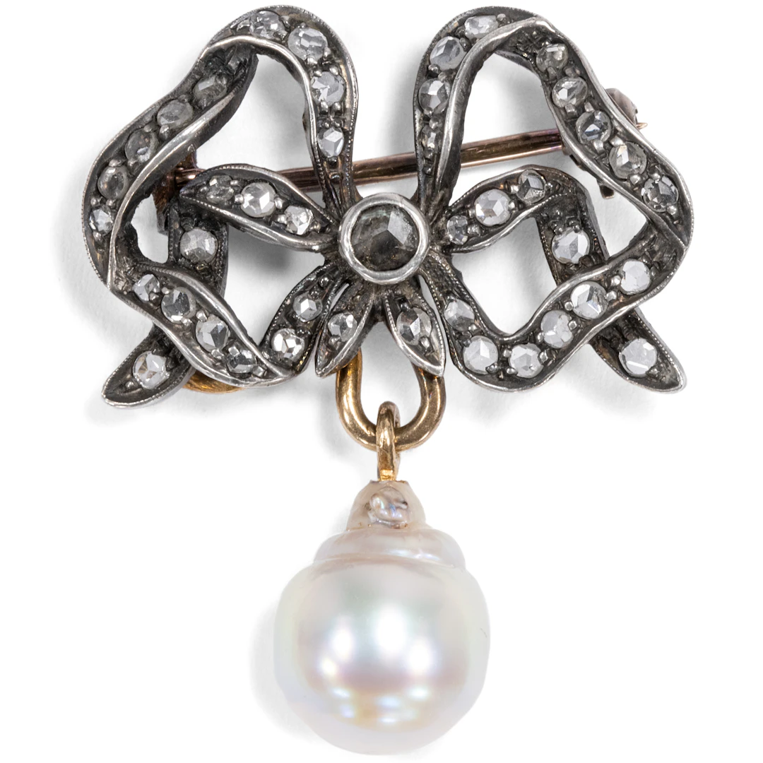 Antique Brooch in Gold & Silver With Rose Cut Diamonds, c. 1890