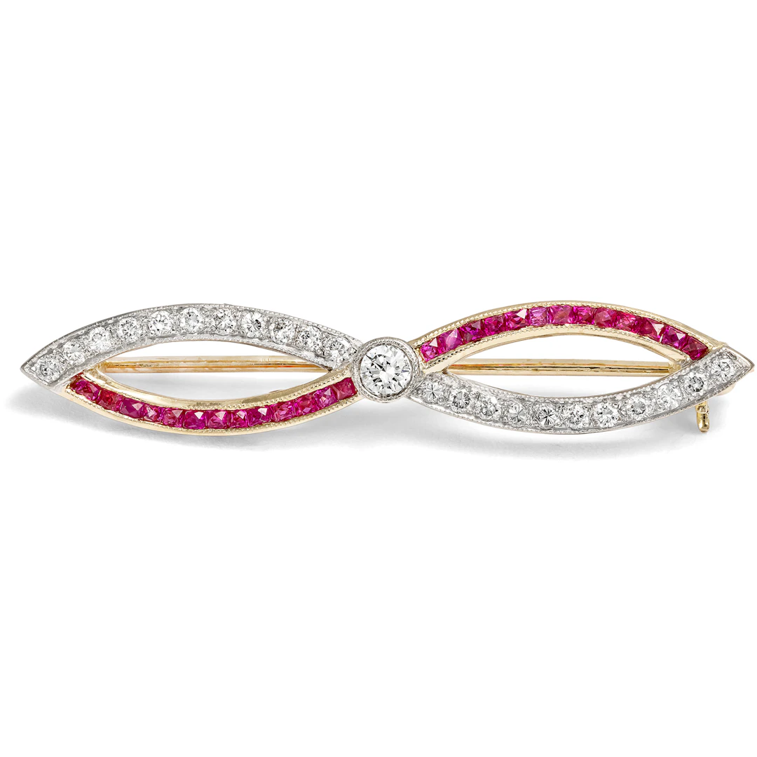 Unusual Gold Brooch with Calibrated Rubies & Diamonds, c. 1985
