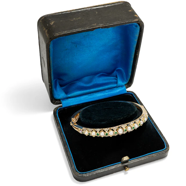 Antique Gold Bangle with Natural Pearls, Emeralds and Diamonds, c. 1890