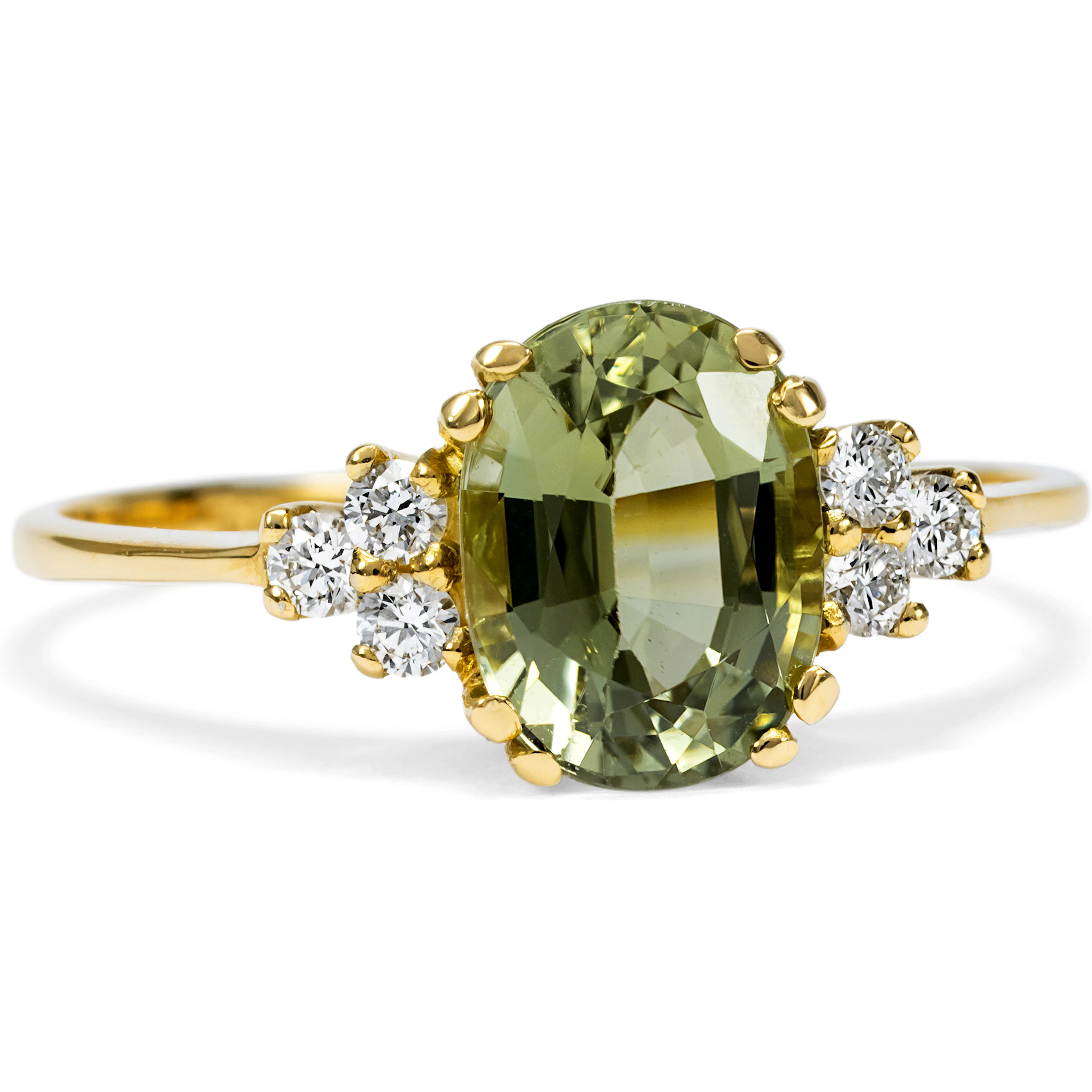 Delicate Ring with Gray-Green Tourmaline & Diamonds in Gold, From Our Workshop