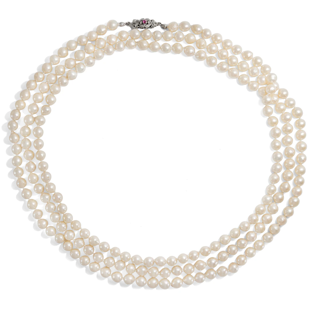 Very Long Sautoir Pearl Necklace With Ruby & White Gold Clasp, c. 1960