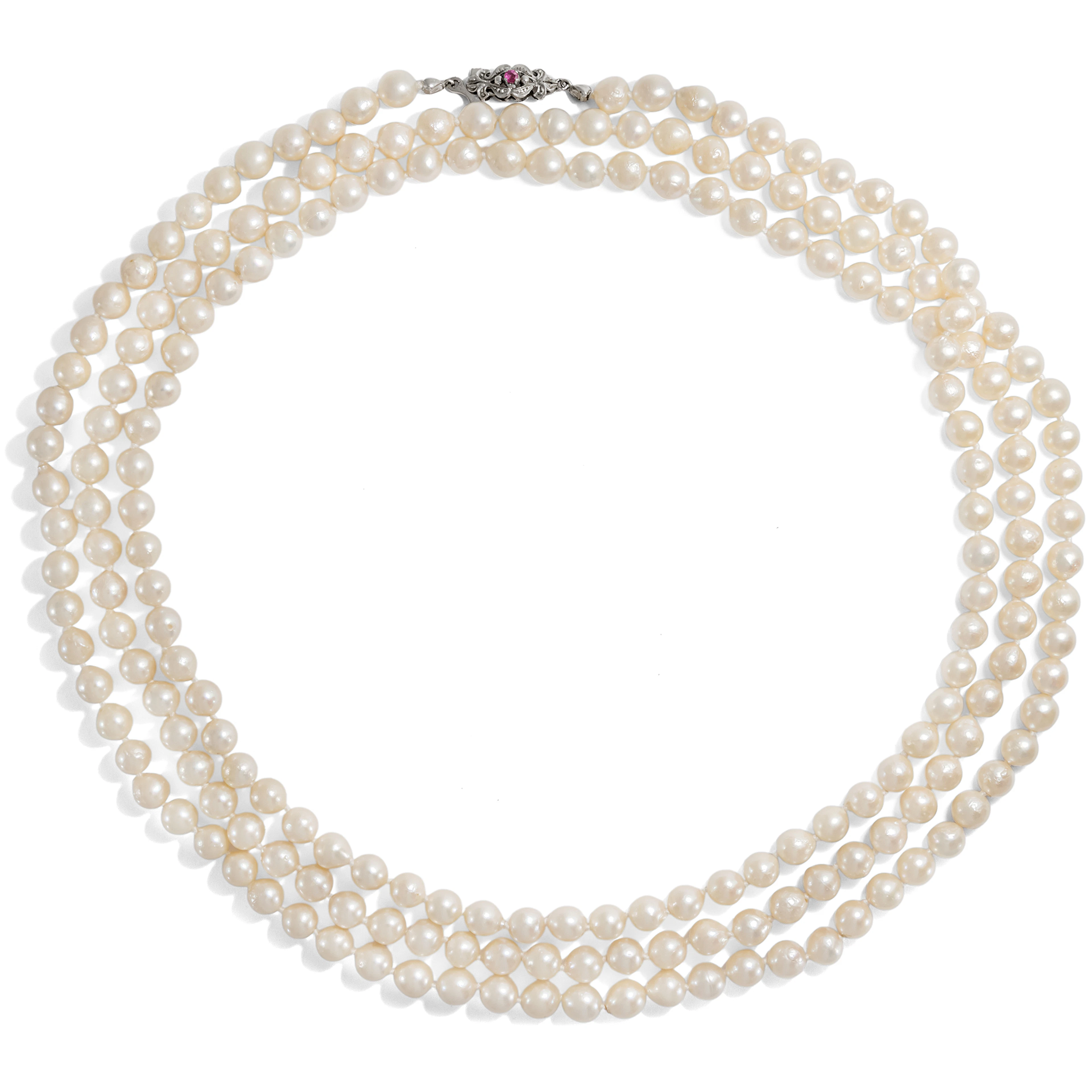 Very Long Sautoir Pearl Necklace With Ruby & White Gold Clasp, c. 1960