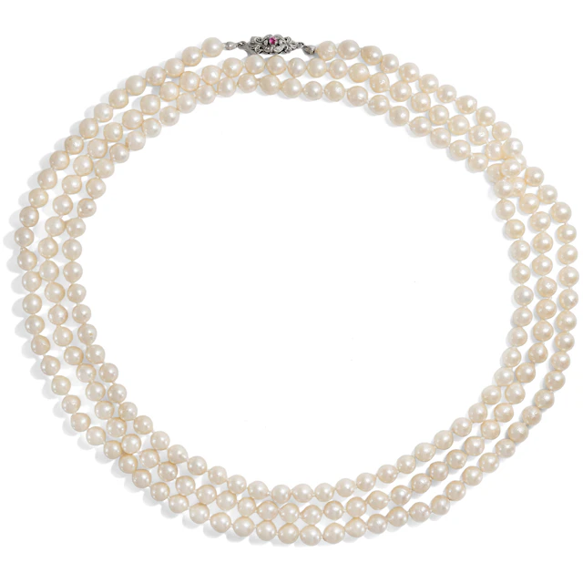Very Long Sautoir Pearl Necklace With Ruby & White Gold Clasp, c. 1960