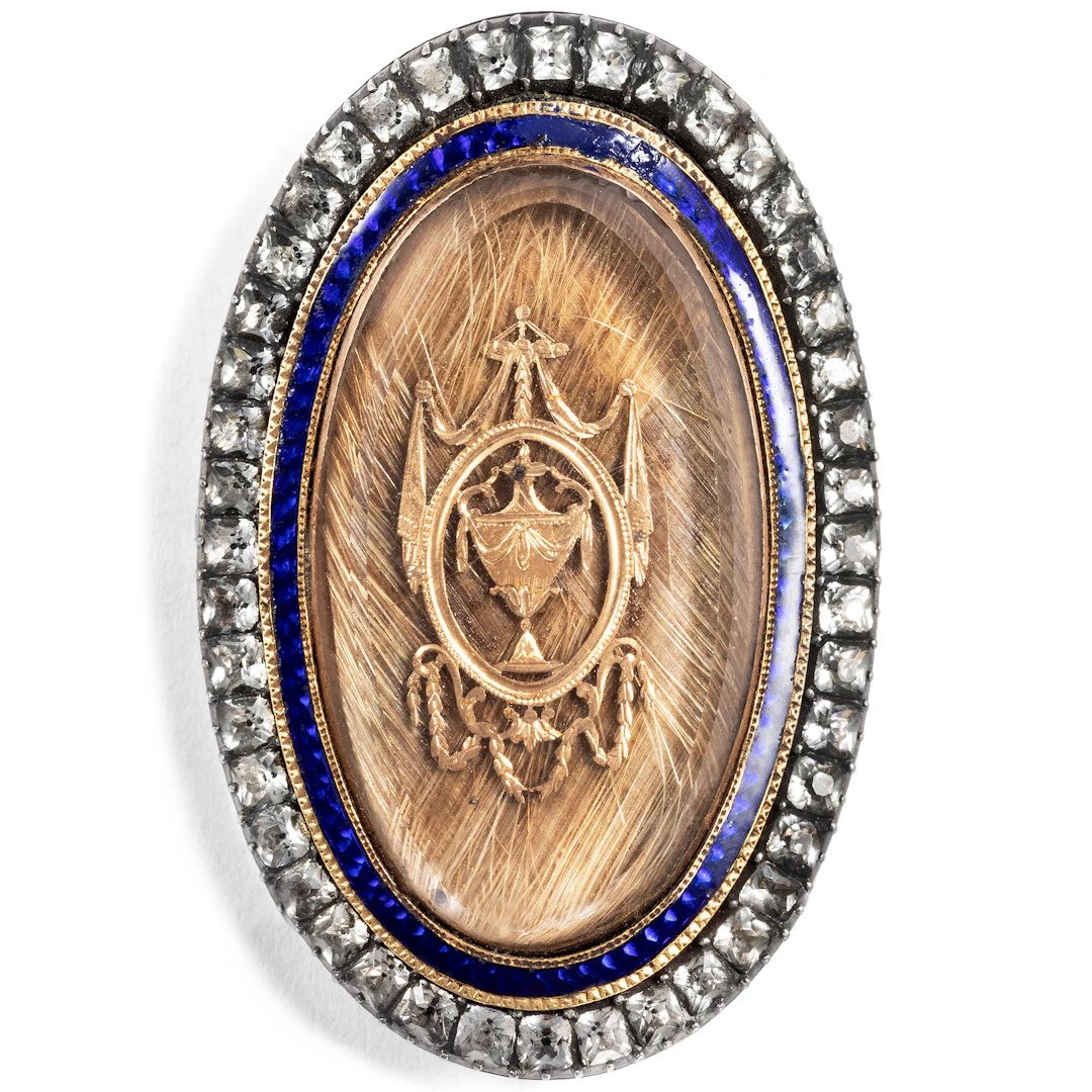 Georgian Mourning Brooch Made of Gold, Enamel, Hair & Glass Pastes, ca. 1790
