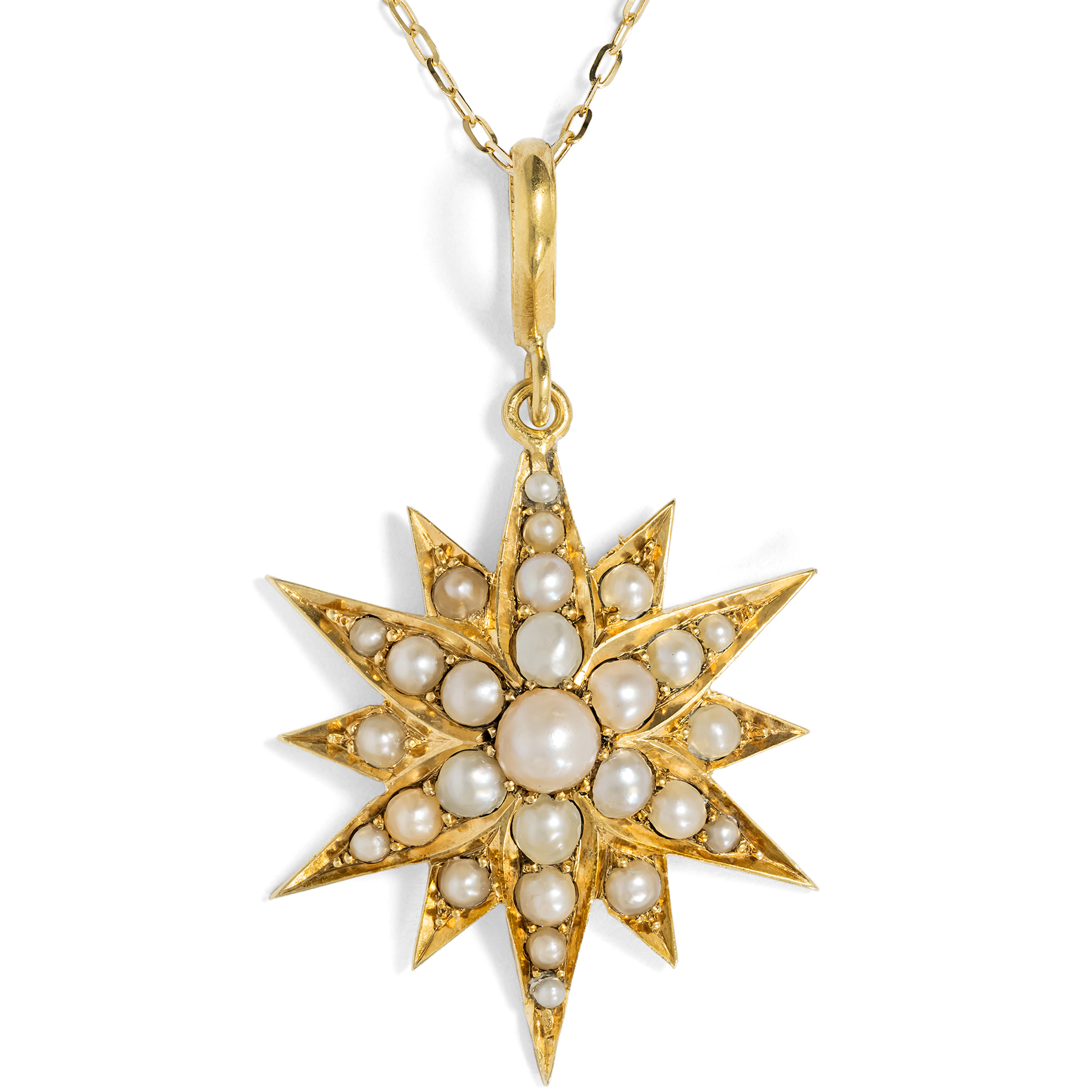 Enchanting Star Pendant with Natural Pearls in Gold, British, c. 1900