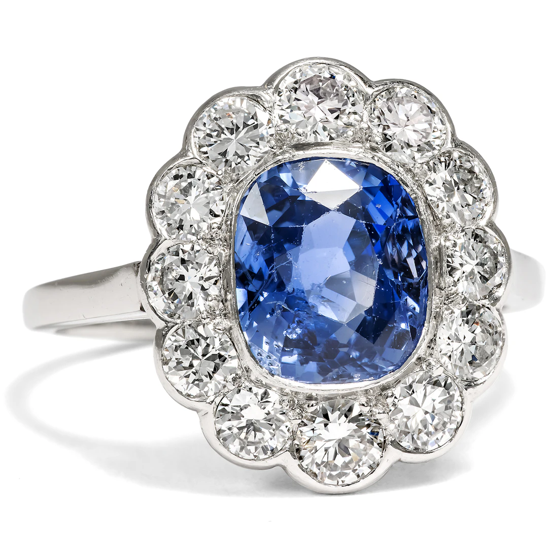 Vintage Ring With Untreated Ceylon Sapphire & Diamonds In Platinum