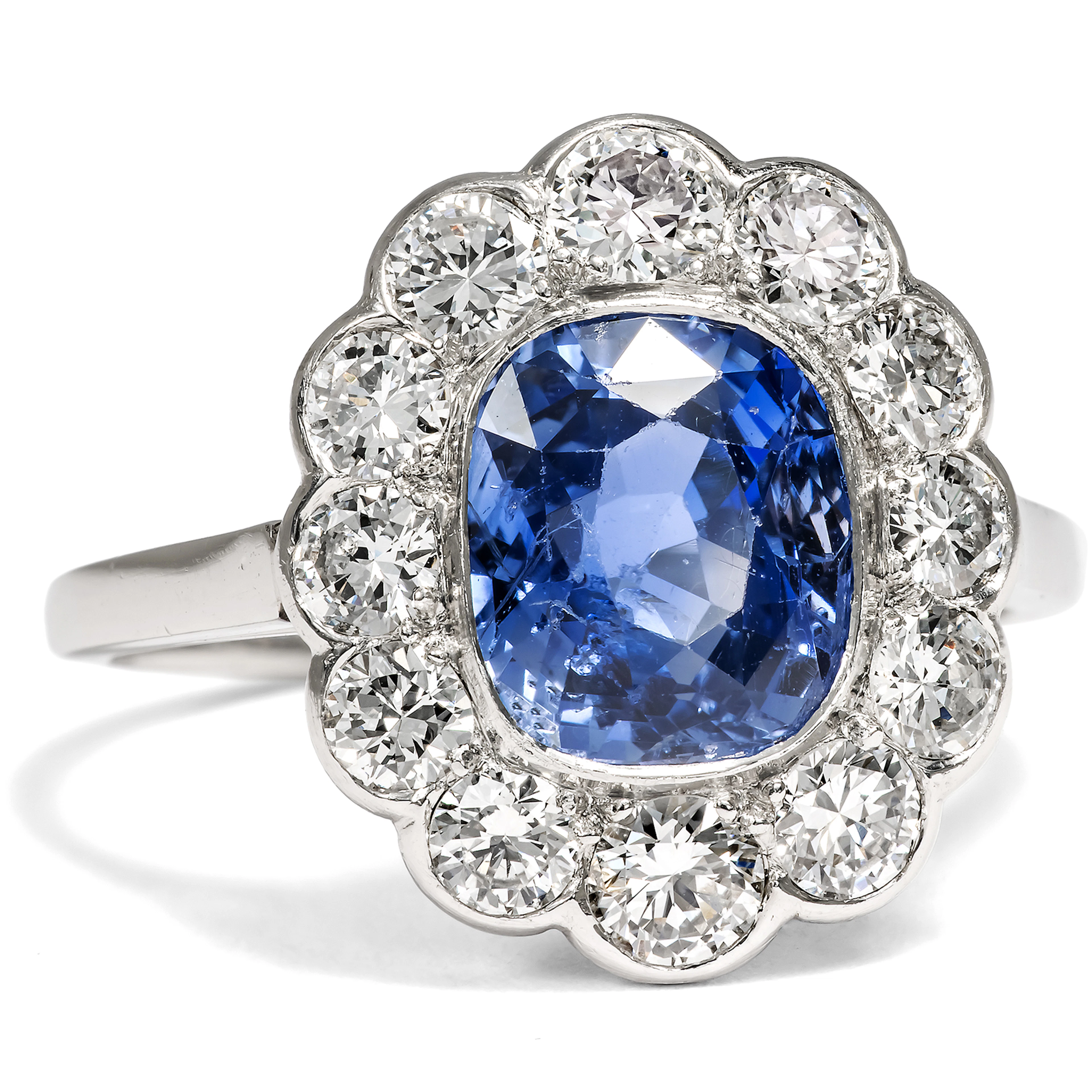 Vintage Ring With Untreated Ceylon Sapphire & Diamonds In Platinum