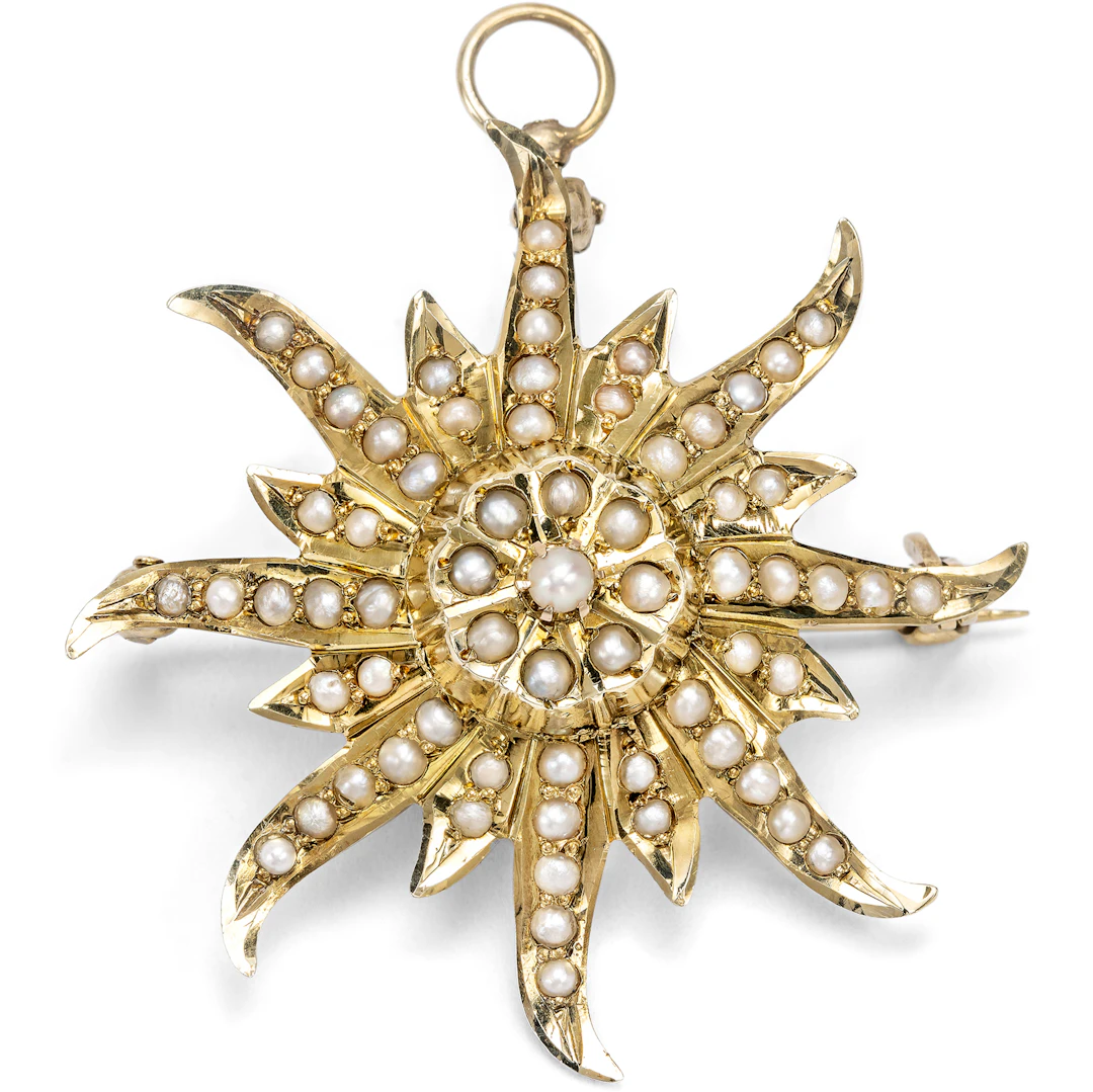 Antique Pendant-Brooch with Natural Pearls in Gold, New York, c. 1900