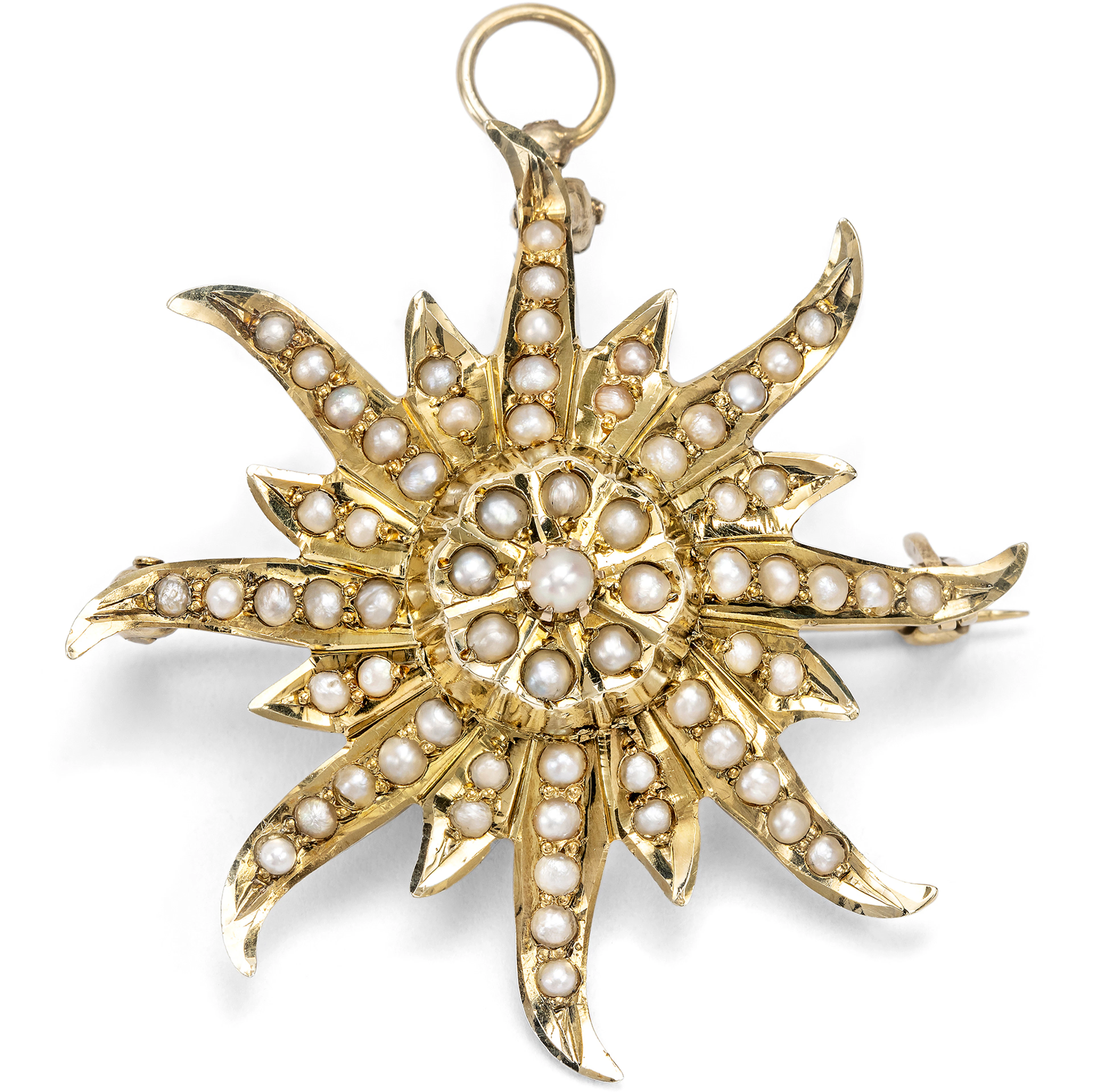 Antique Pendant-Brooch with Natural Pearls in Gold, New York, c. 1900