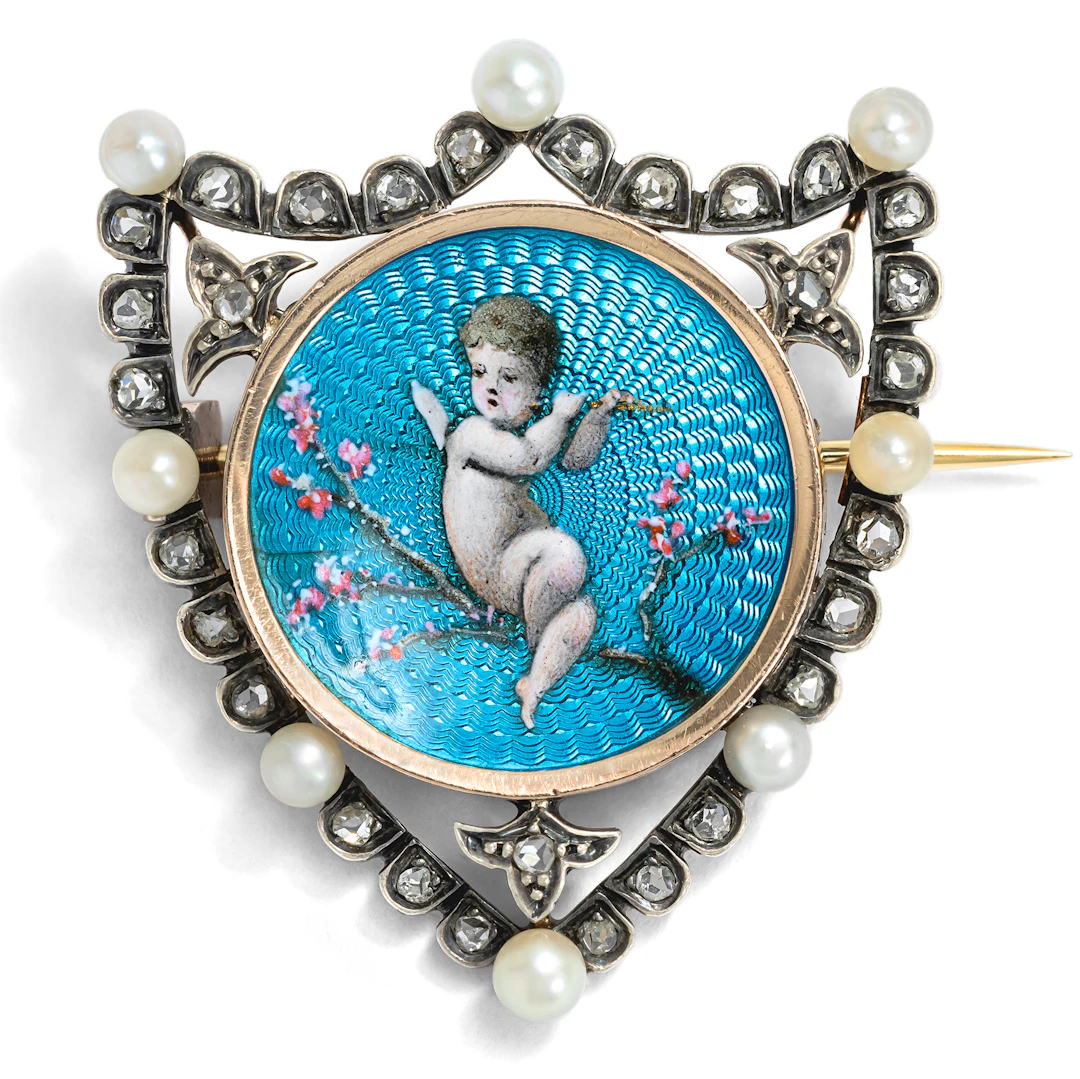 Elegant Brooch with Enamel Painting, Diamonds & Pearls, c. 1880