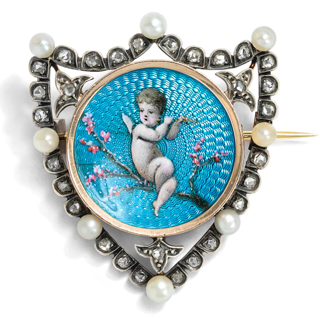 Elegant Brooch with Enamel Painting, Diamonds & Pearls, c. 1880