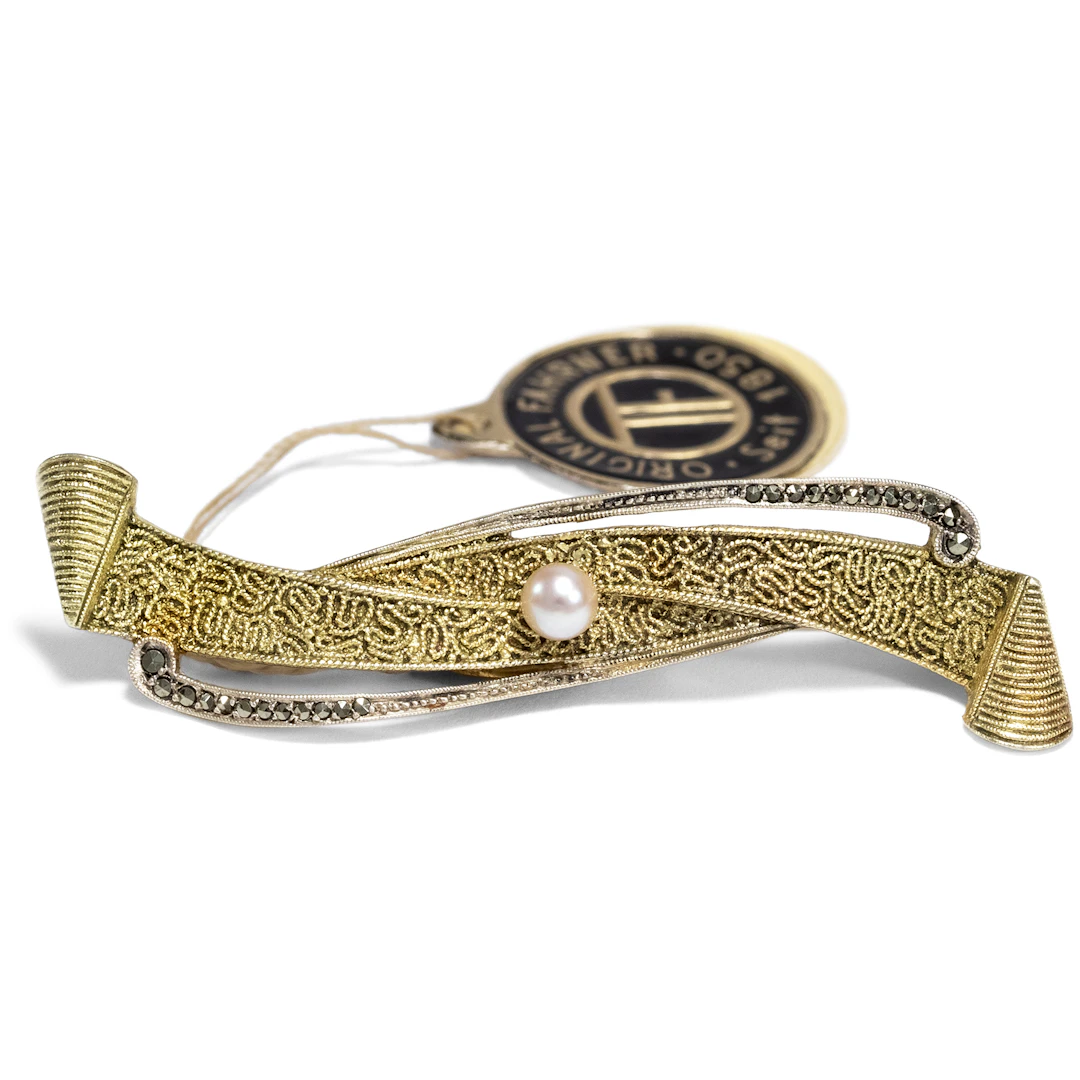 Vintage Brooch by Theodor Fahrner With Marcasites & Pearl, Around 1955