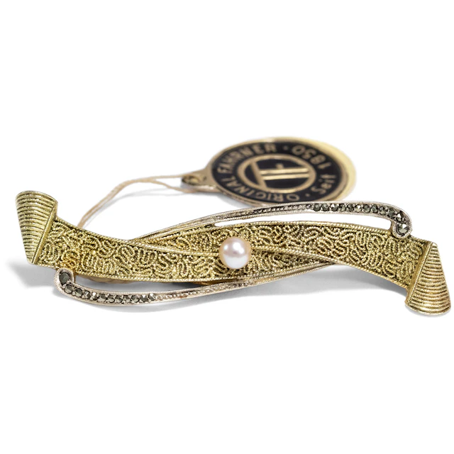 Vintage Brooch by Theodor Fahrner With Marcasites & Pearl, Around 1955