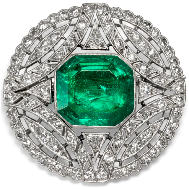 Art Deco Brooch With Colombian Emerald & Diamonds in Platinum, ca. 1930