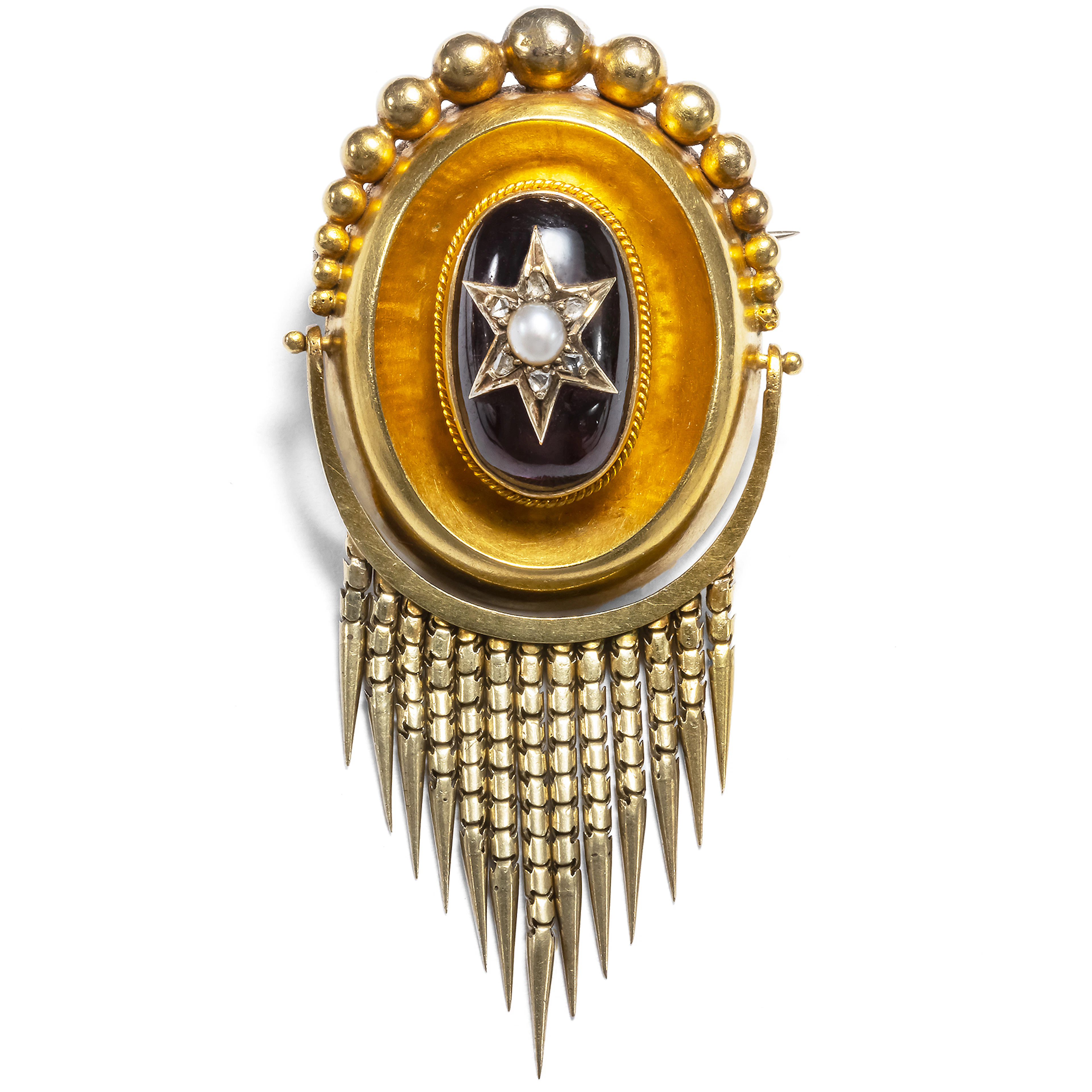 Antique Locket Brooch with Garnet, Pearl & Diamonds in Gold, c. 1870