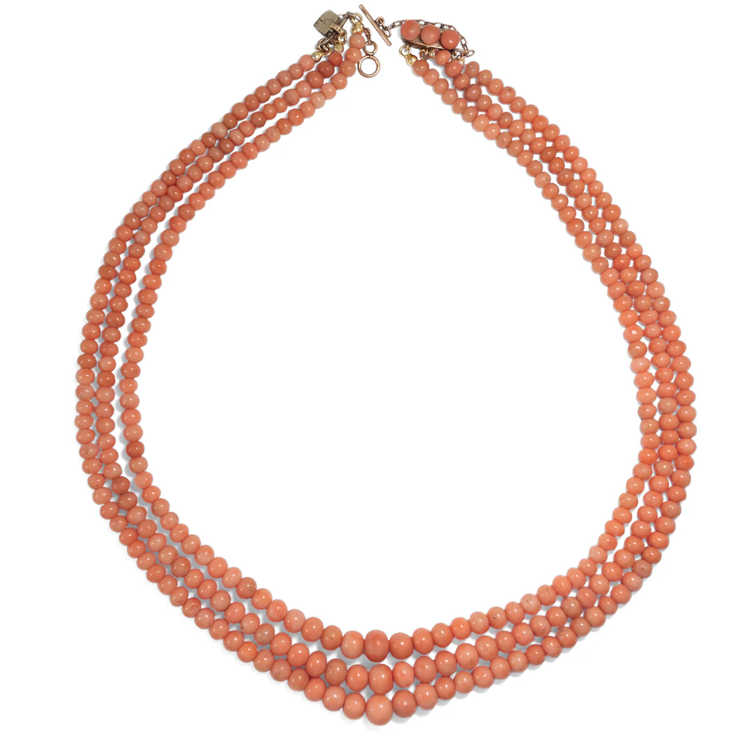 Antique Necklace Made of Three Rows of Mediterranean Coral, Italy c. 1900