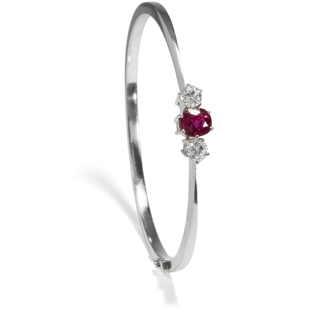 Exquisite Vintage Bangle With Ruby & Diamonds in White Gold, c. 1975