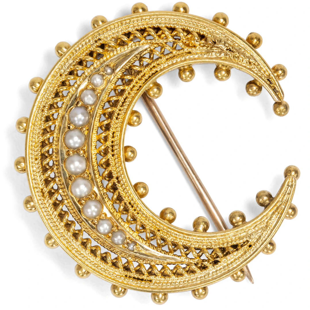 Antique Crescent Moon Brooch with Pearls in Gold, British, c. 1890