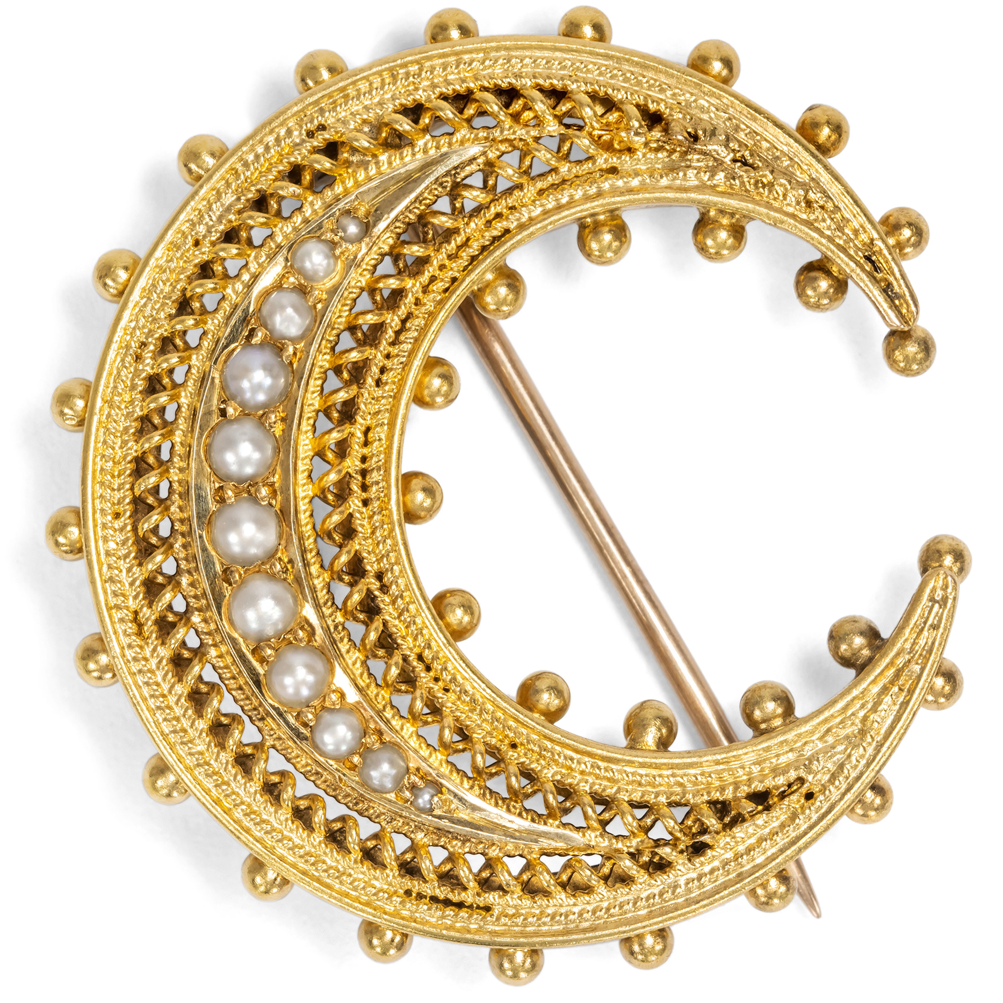 Antique Crescent Moon Brooch with Pearls in Gold, British, c. 1890