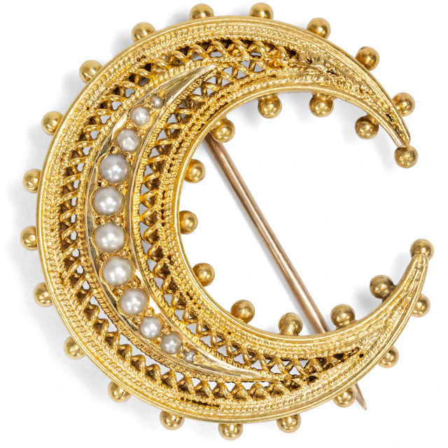 Antique Crescent Moon Brooch with Pearls in Gold, British, c. 1890