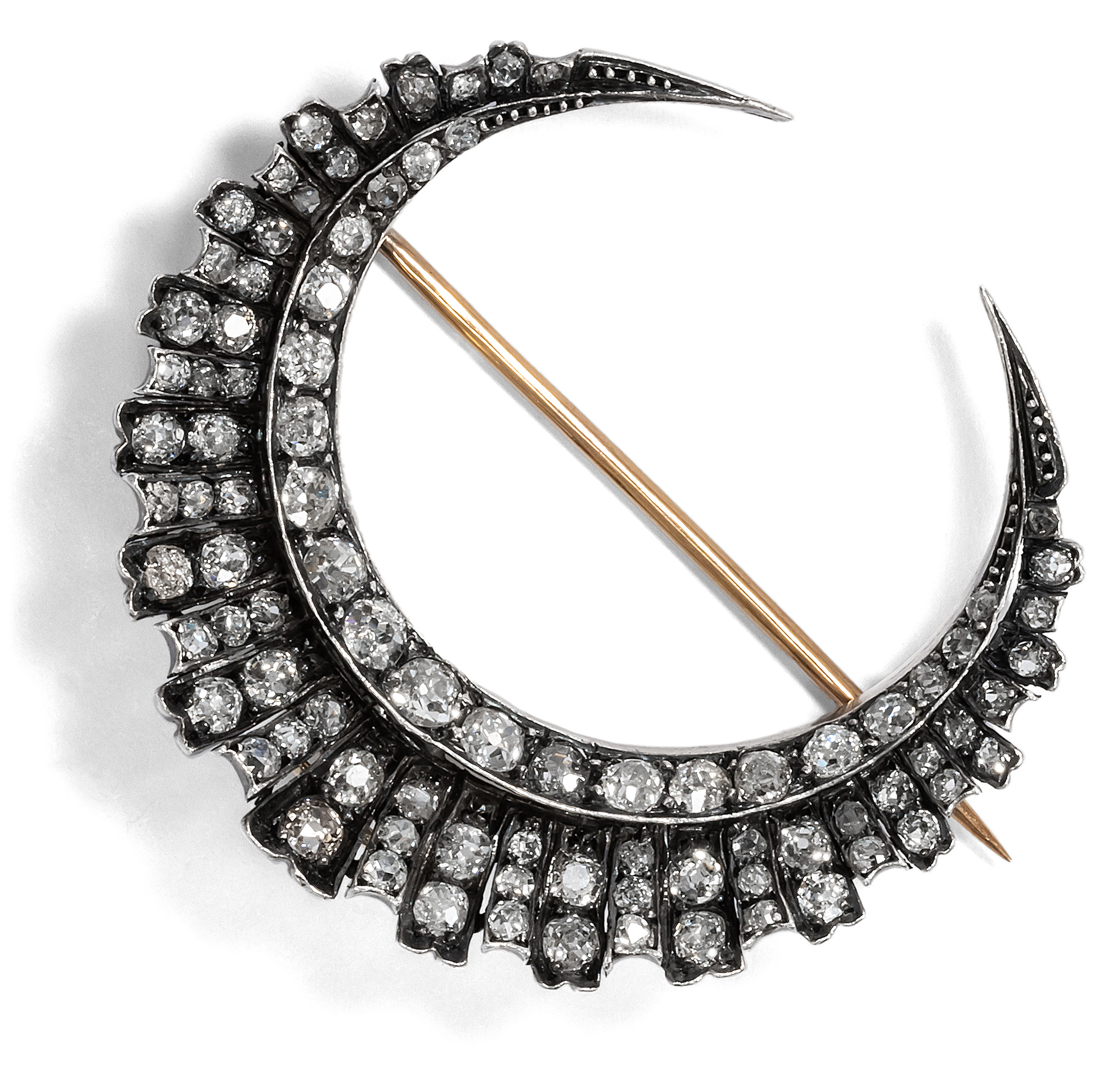 Antique Crescent Brooch With Old Cut Diamonds in Silver on Gold, c. 1890