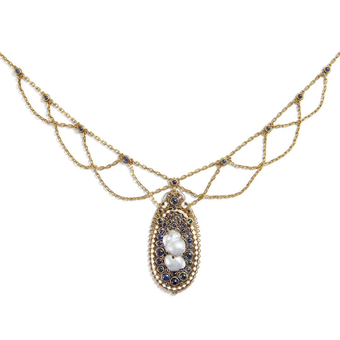 Artistic Art Nouveau Necklace with Baroque Pearl & Sapphires, Munich, c. 1910