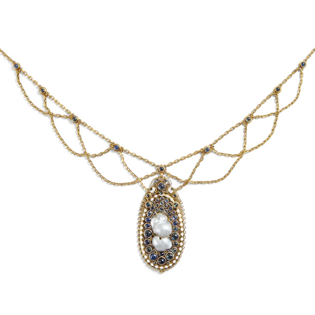 Artistic Art Nouveau Necklace with Baroque Pearl & Sapphires, Munich, c. 1910