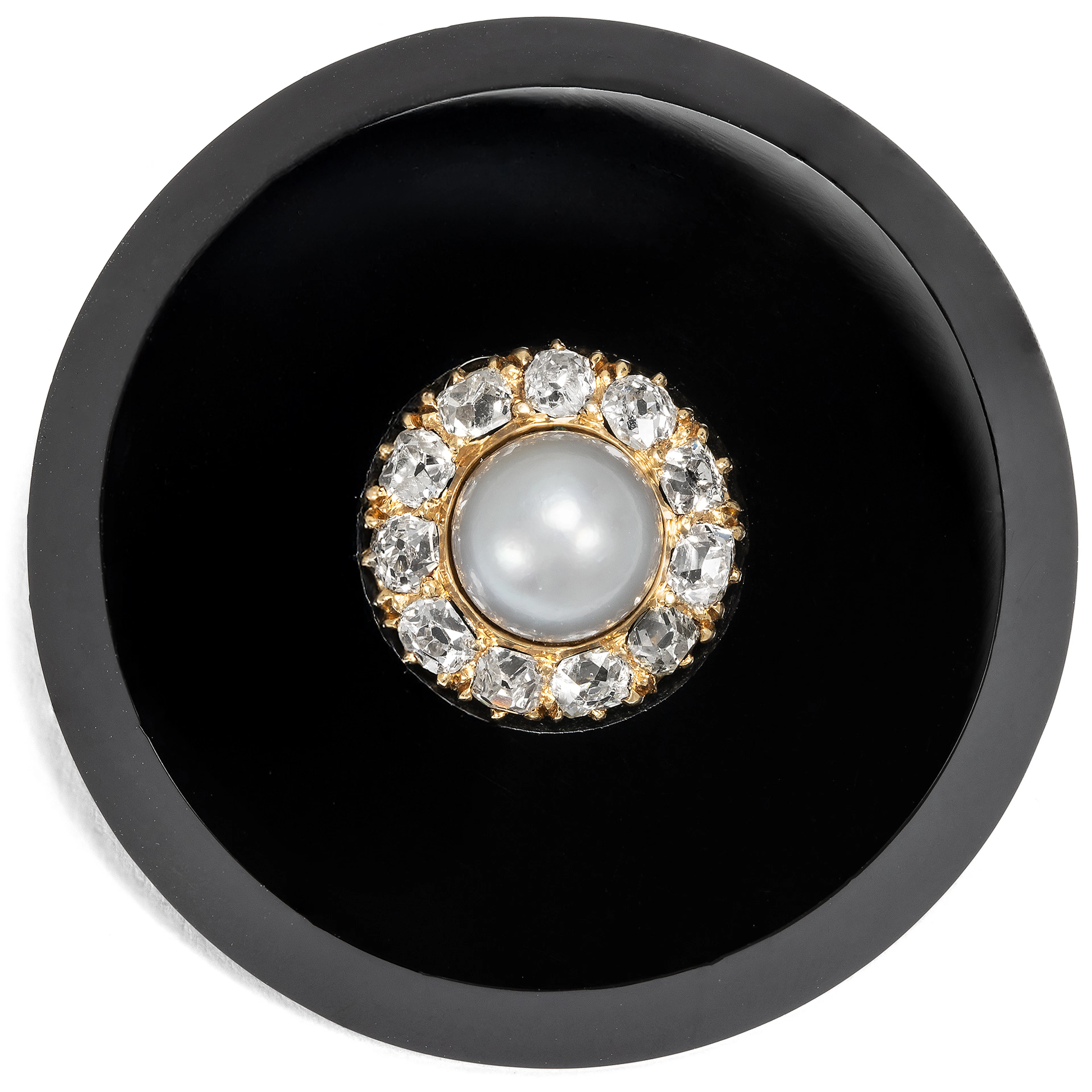 Antique Onyx, Oriental Pearl and Diamond Brooch, c. 1875