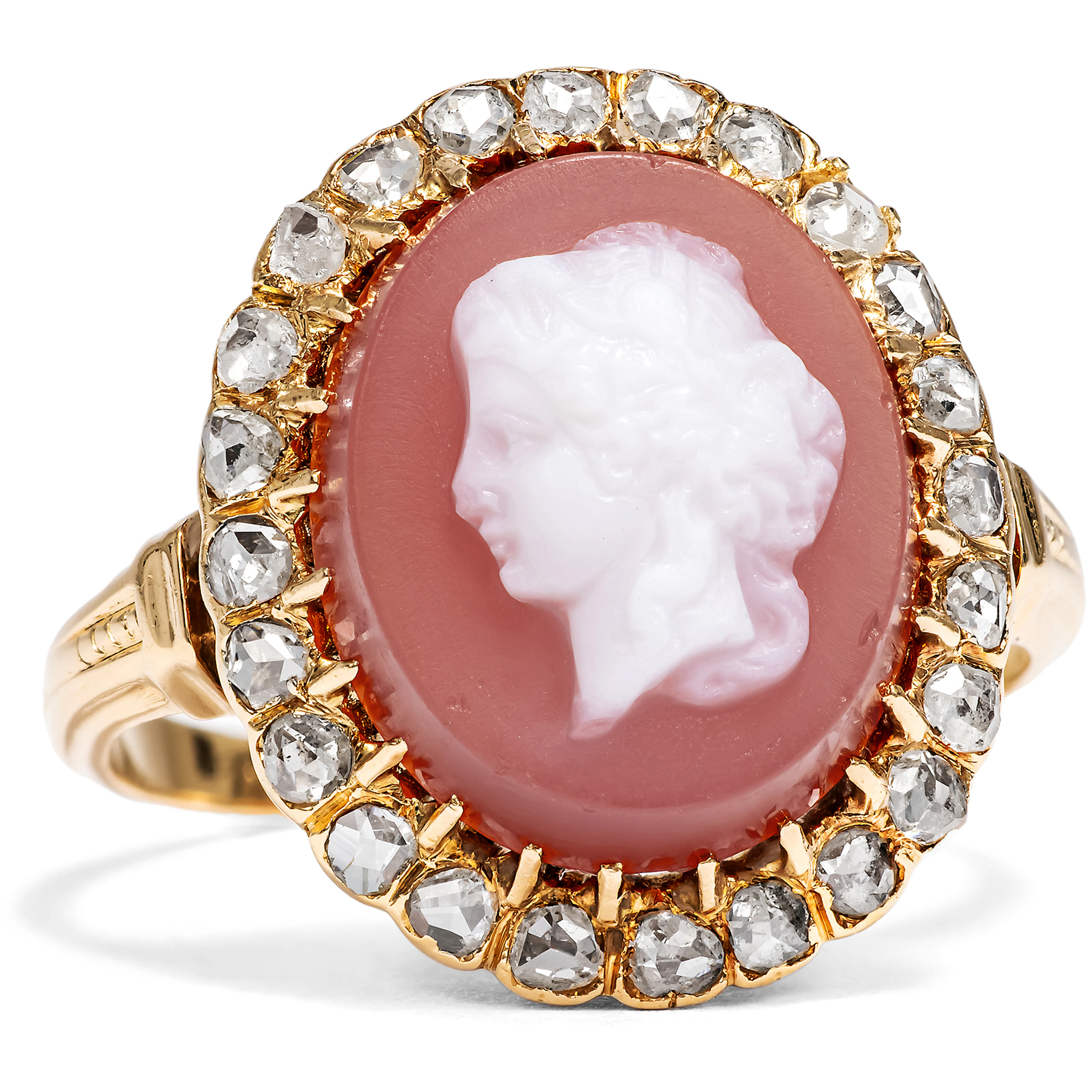 Victorian Ring with Blush Pink Hardstone Cameo and Diamonds in Gold, c. 1880