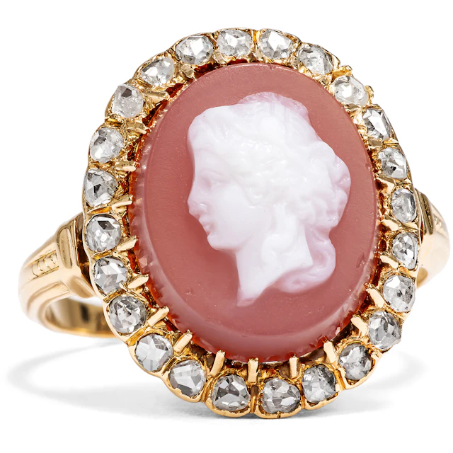 Victorian Ring with Blush Pink Hardstone Cameo and Diamonds in Gold, c. 1880