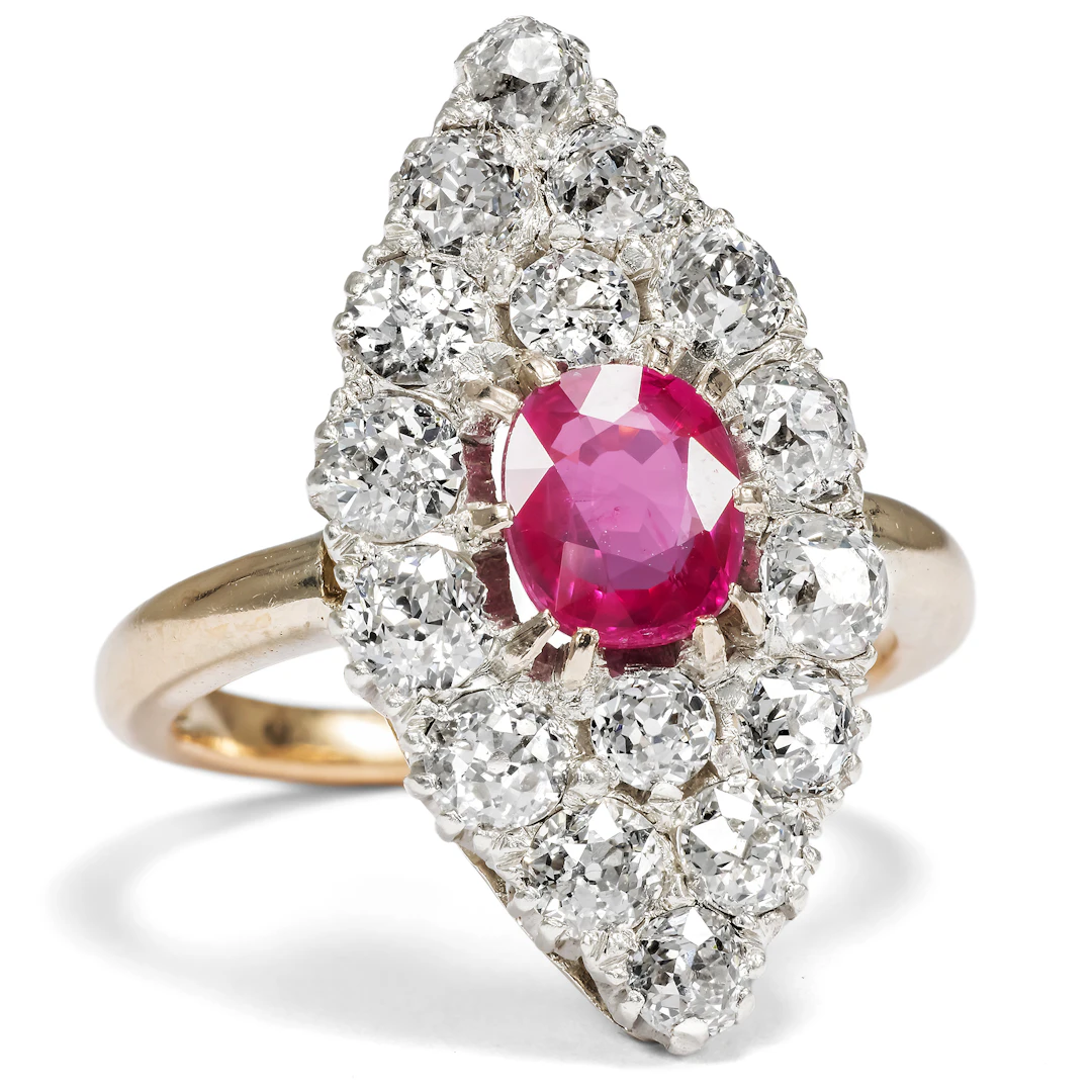 Fabulous "Marquise" Ring With Ruby & Old-Cut Diamonds, Vienna Circa 1890