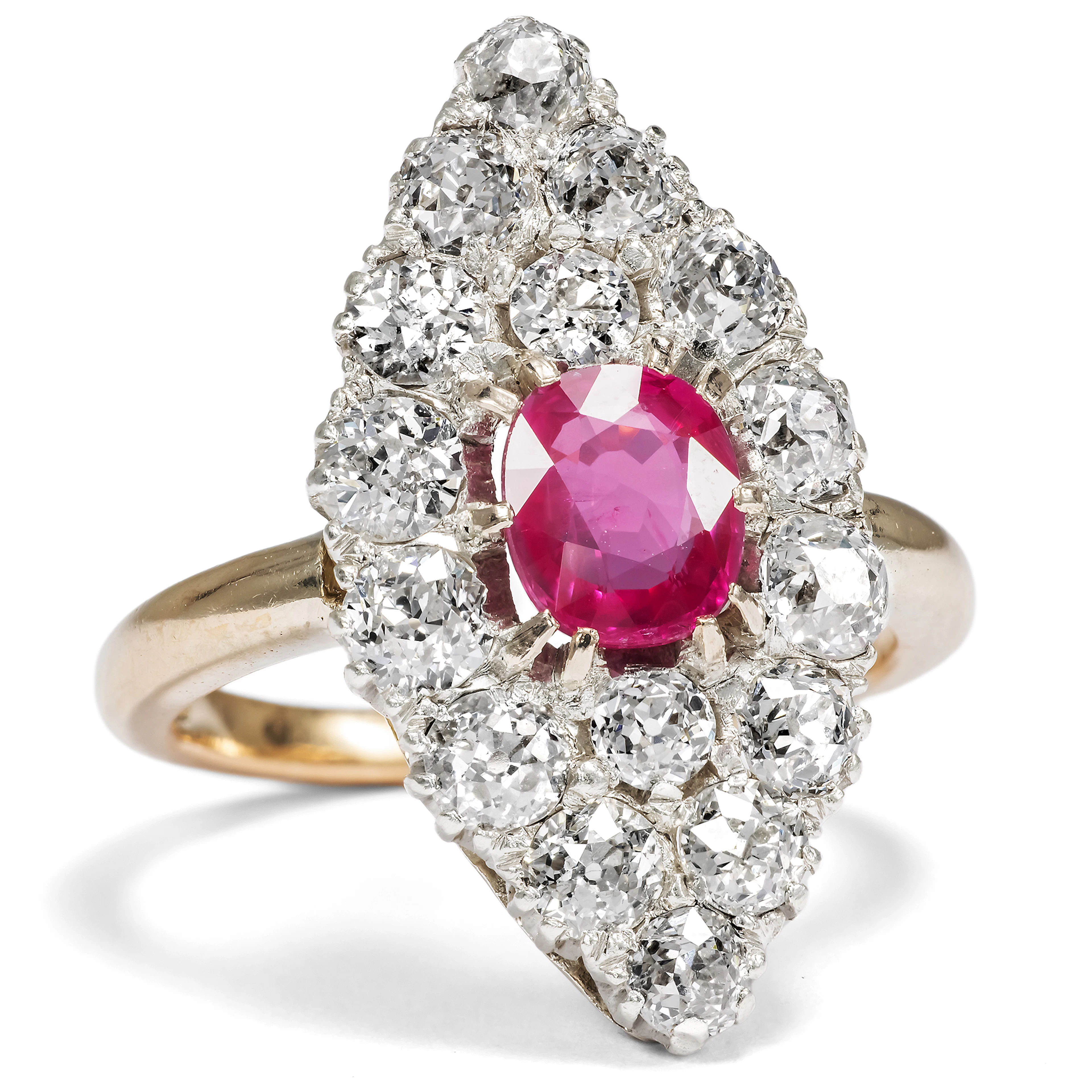 Fabulous "Marquise" Ring With Ruby & Old-Cut Diamonds, Vienna Circa 1890