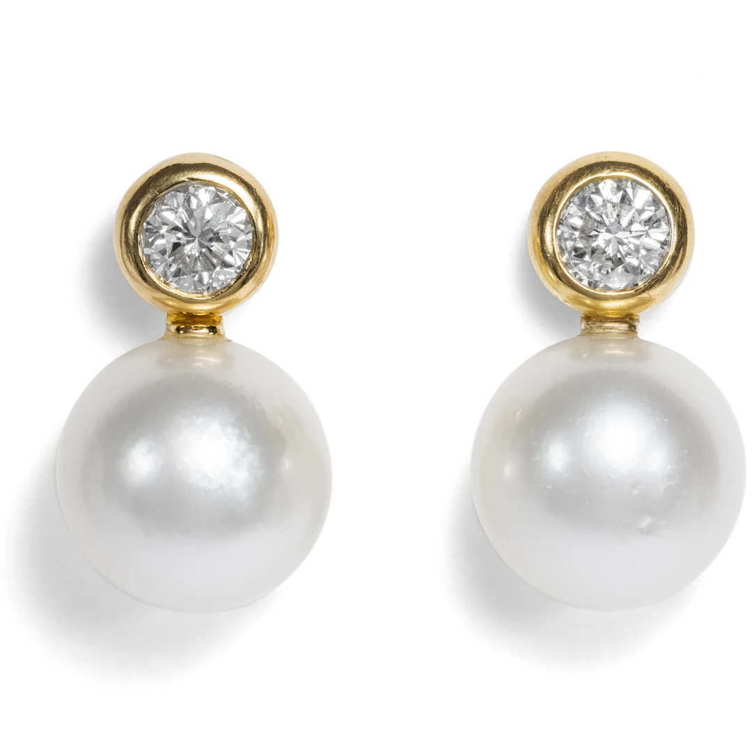 Luxury Vintage Earrings With Cultured South Sea Pearls & Diamonds, c. 1990