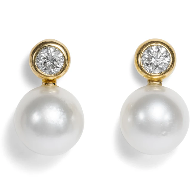 Luxury Vintage Earrings With Cultured South Sea Pearls & Diamonds, c. 1990