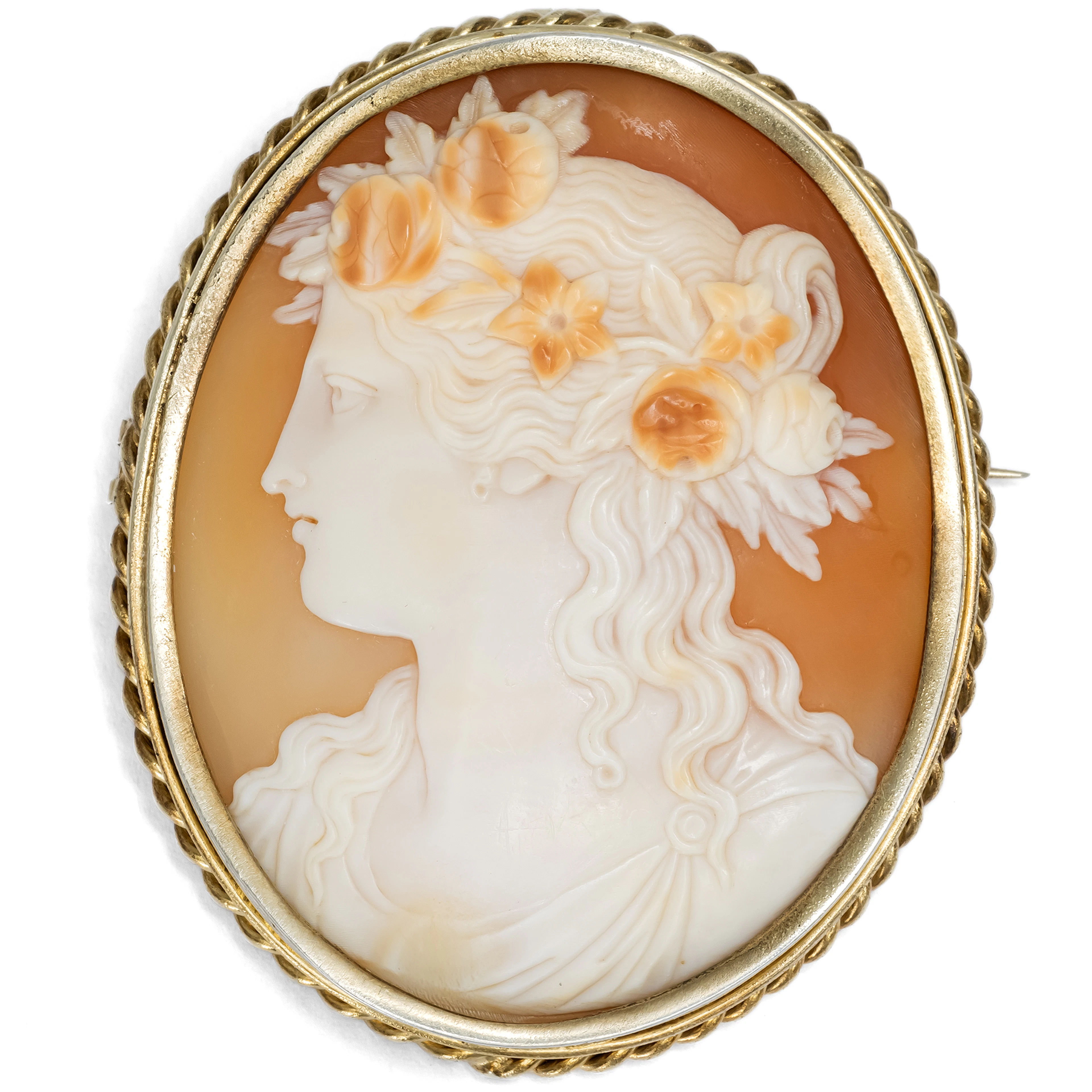 Antique Pendant-Brooch with a Shell Cameo of Flora in Gilt Silver, c. 1910