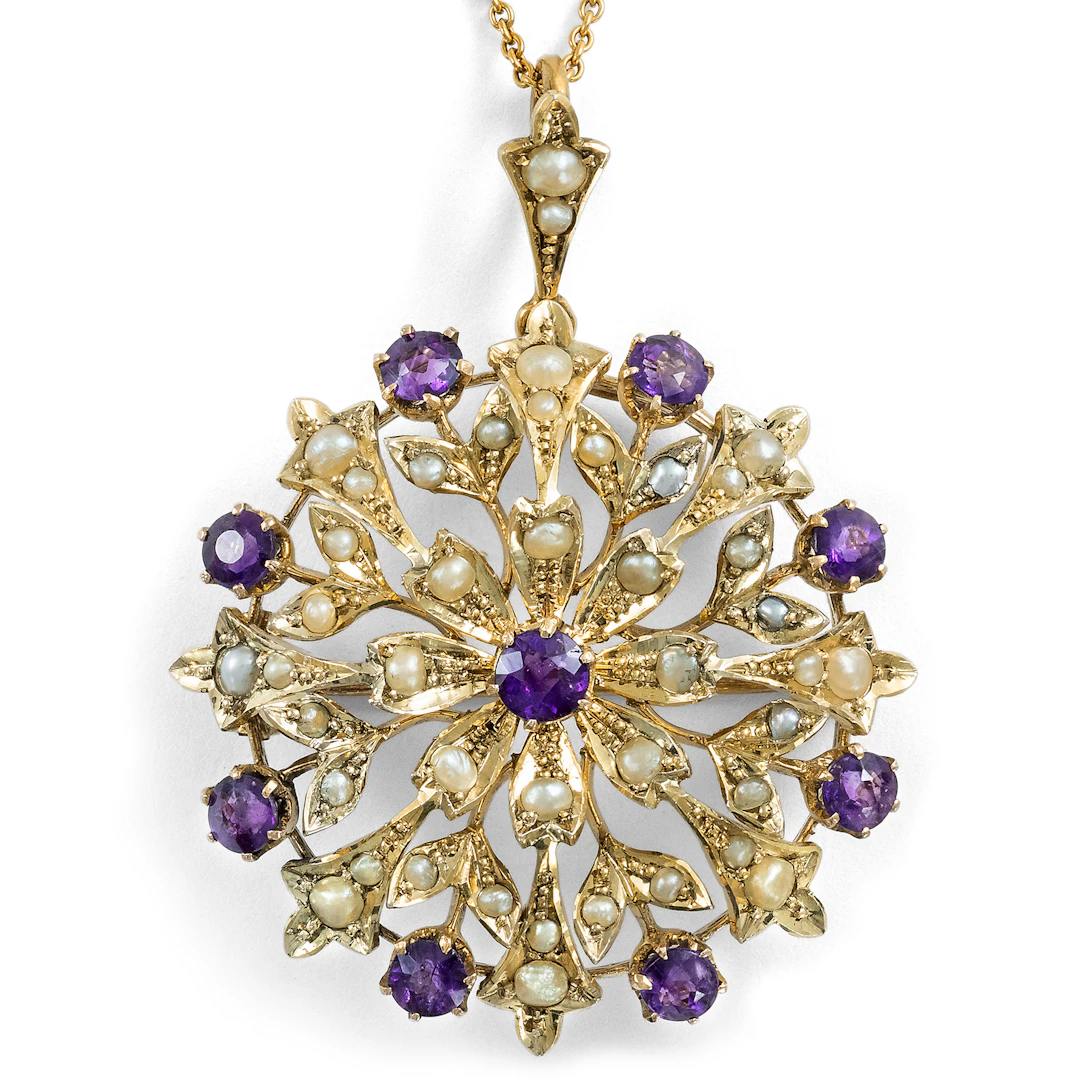 Antique British Pendant/Brooch with Amethysts & Pearls in Gold, c. 1900