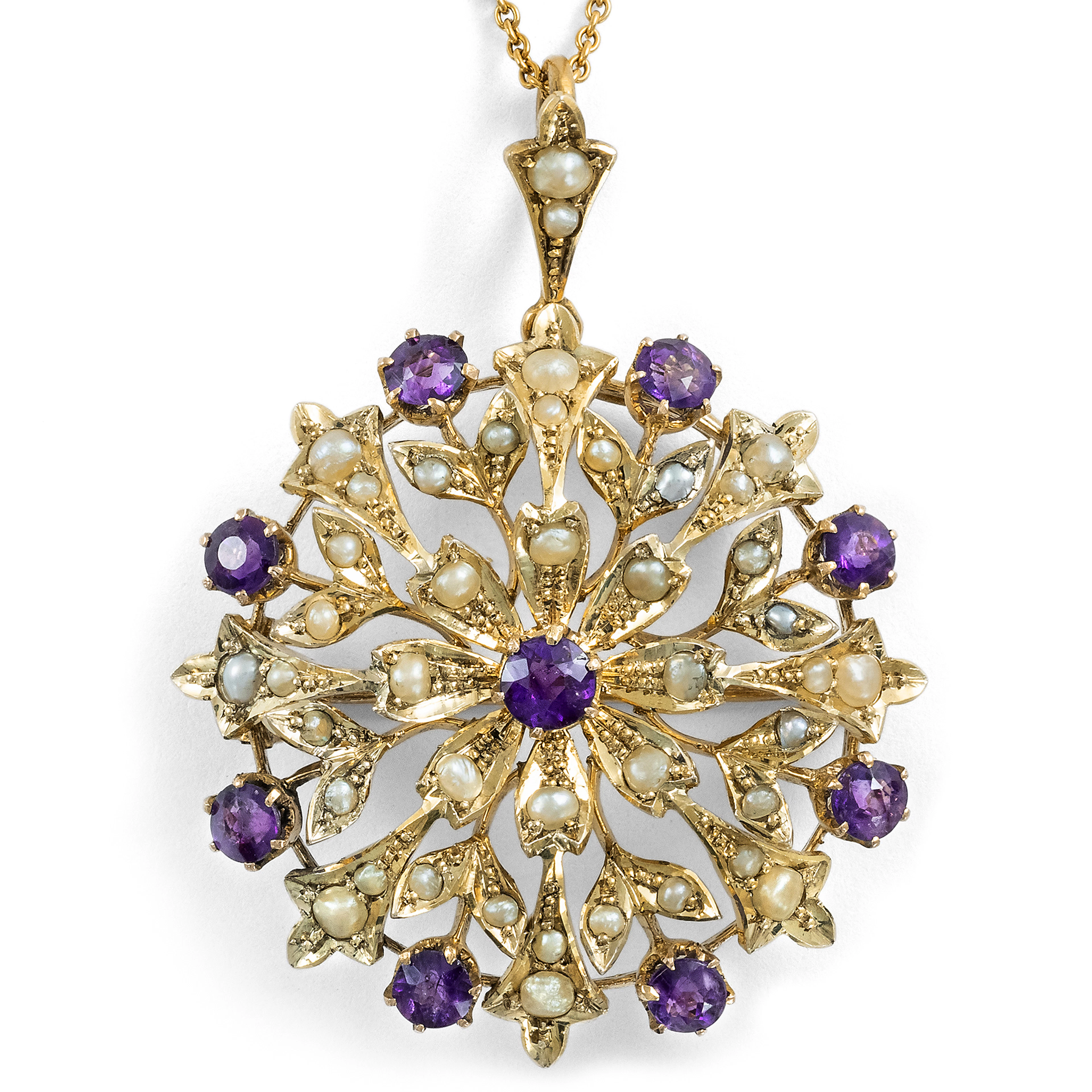 Antique British Pendant/Brooch with Amethysts & Pearls in Gold, c. 1900
