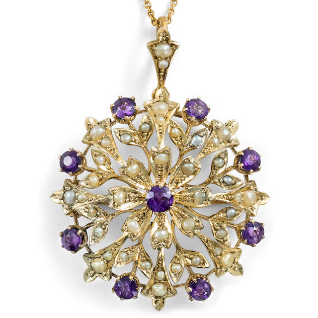 Antique British Pendant/Brooch with Amethysts & Pearls in Gold, c. 1900