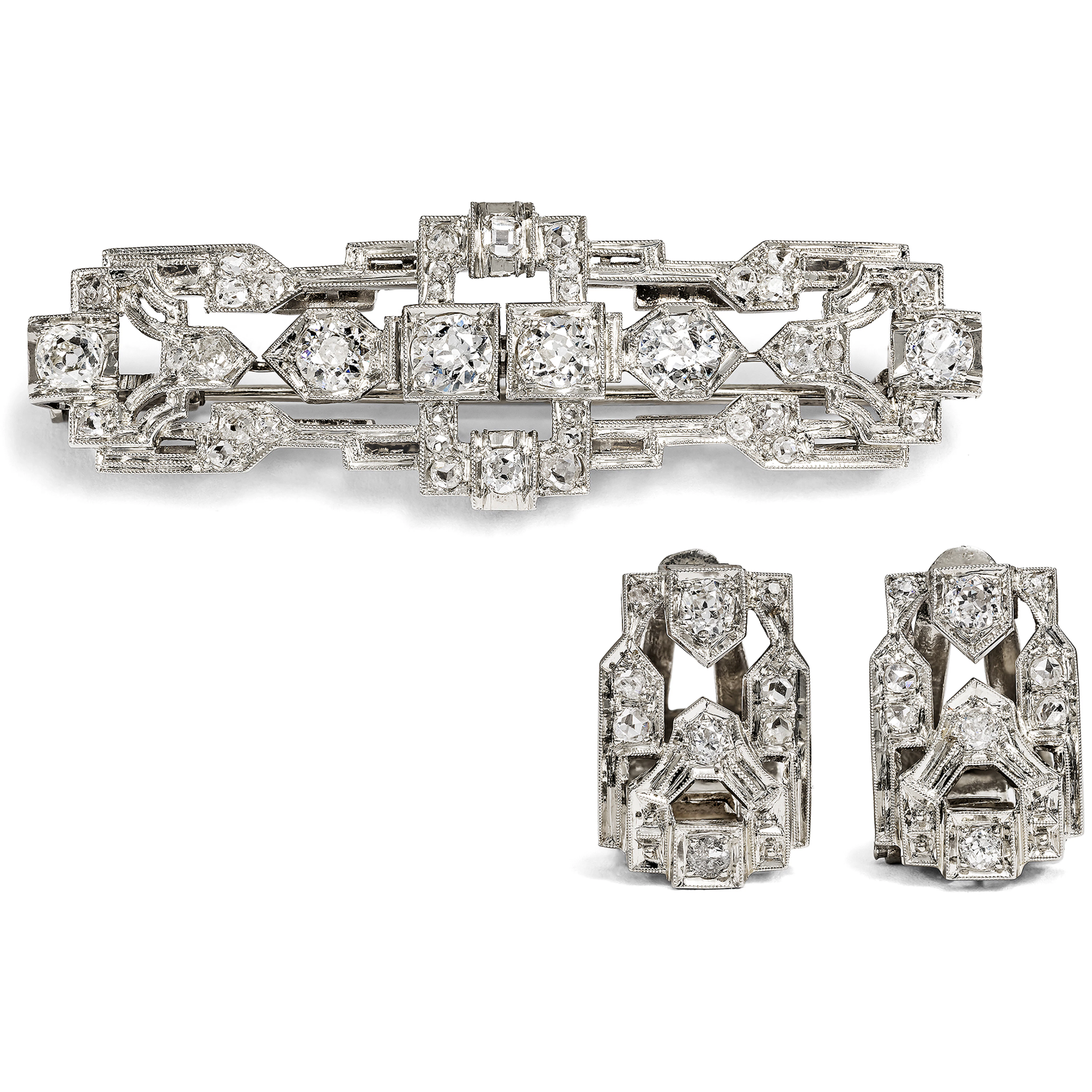 Elegant Art Déco Brooch & Earrings with Diamonds, Vienna c. 1935