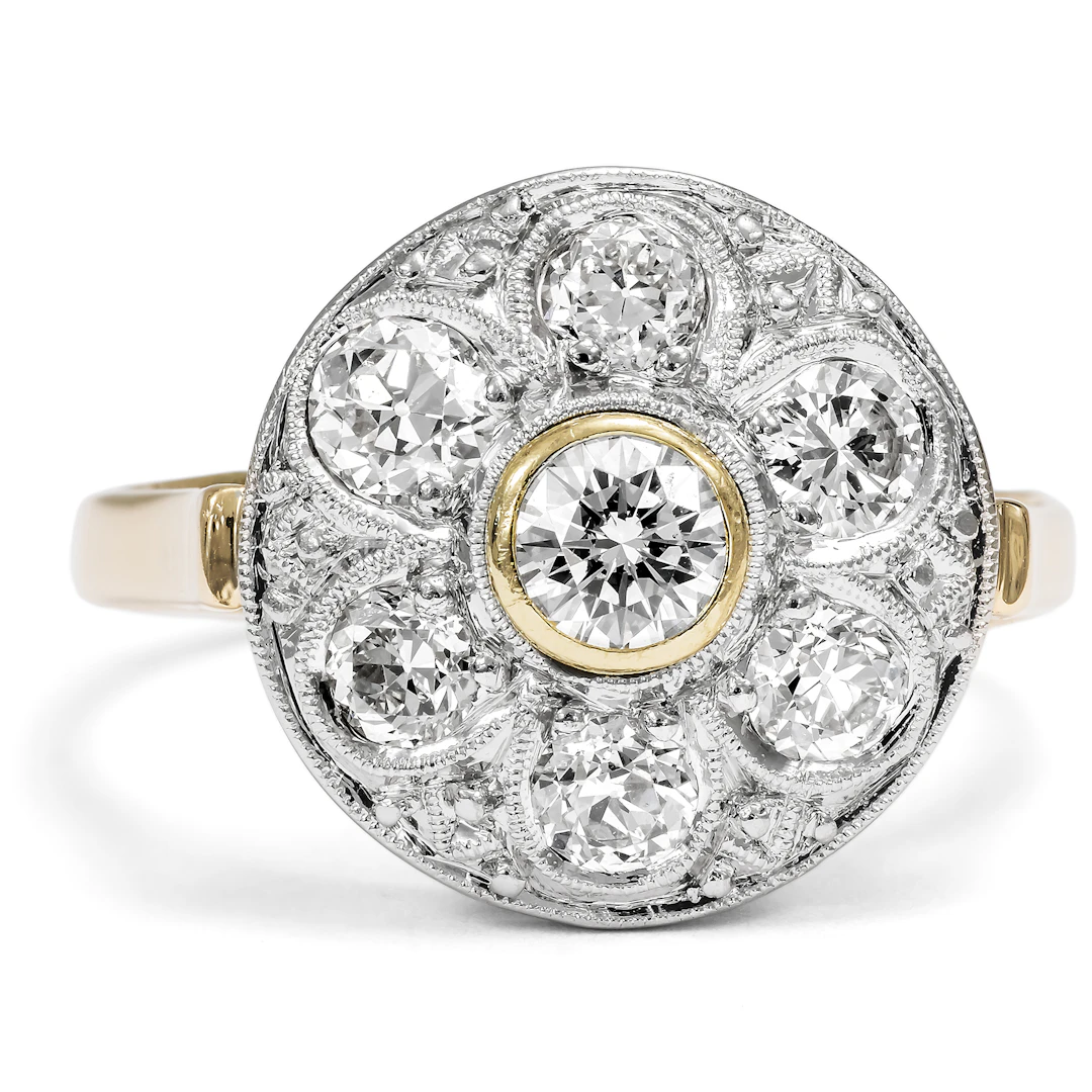 Antique Daisy Ring with Diamonds in Gold & Platinum, c. 1920 & Later