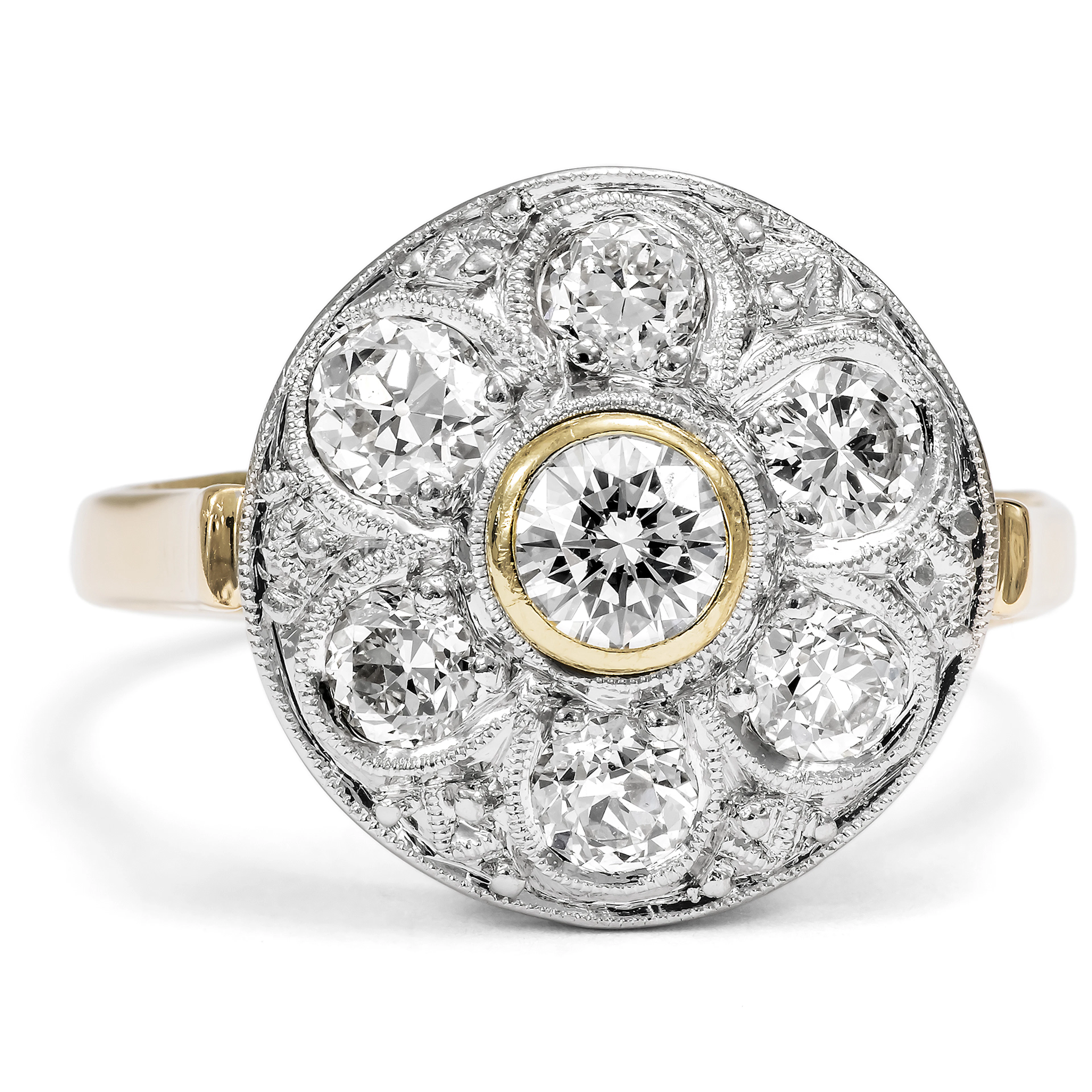 Antique Daisy Ring with Diamonds in Gold & Platinum, c. 1920 & Later