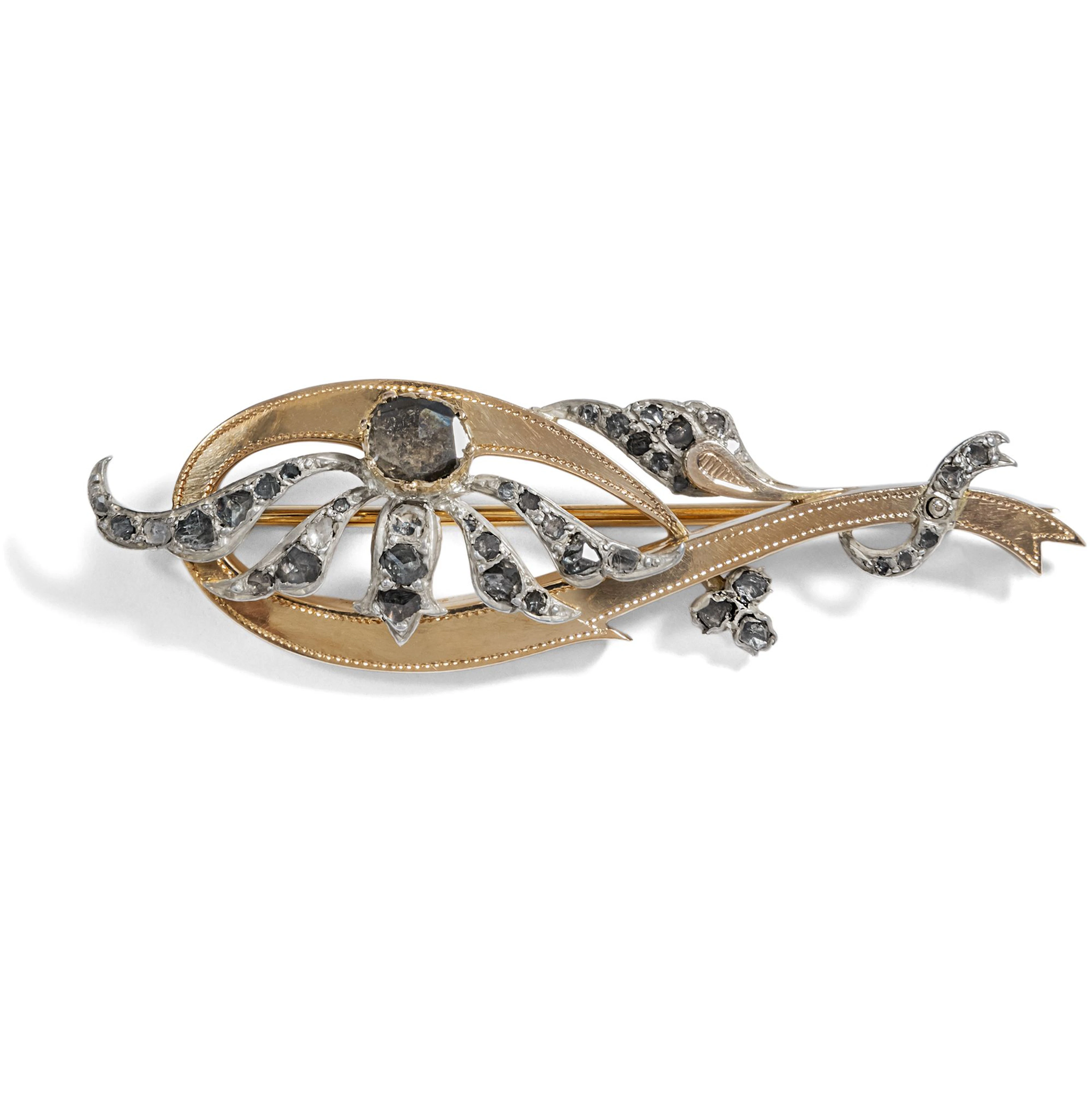 Dynamic Brooch With Diamond Roses in Gold & Silver, c. 1880