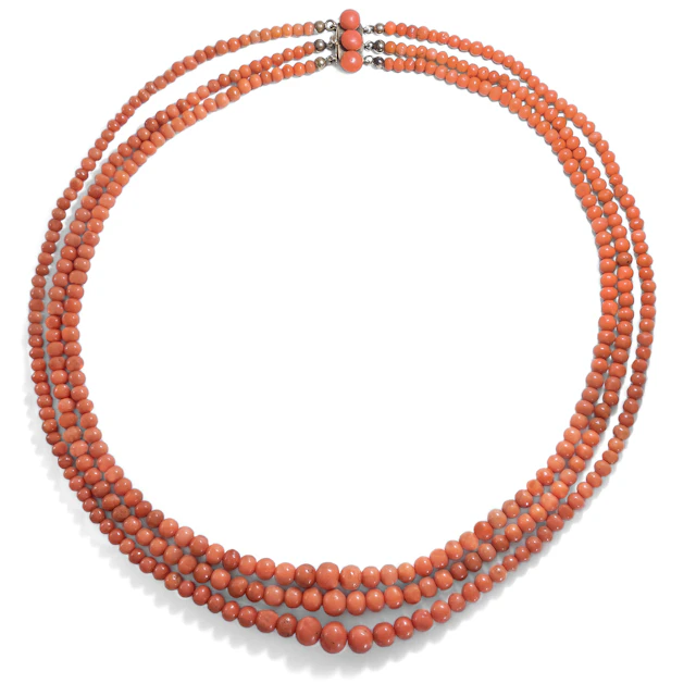 Antique, Three-Row Necklace Made of Italian Salmon Coral, c. 1900
