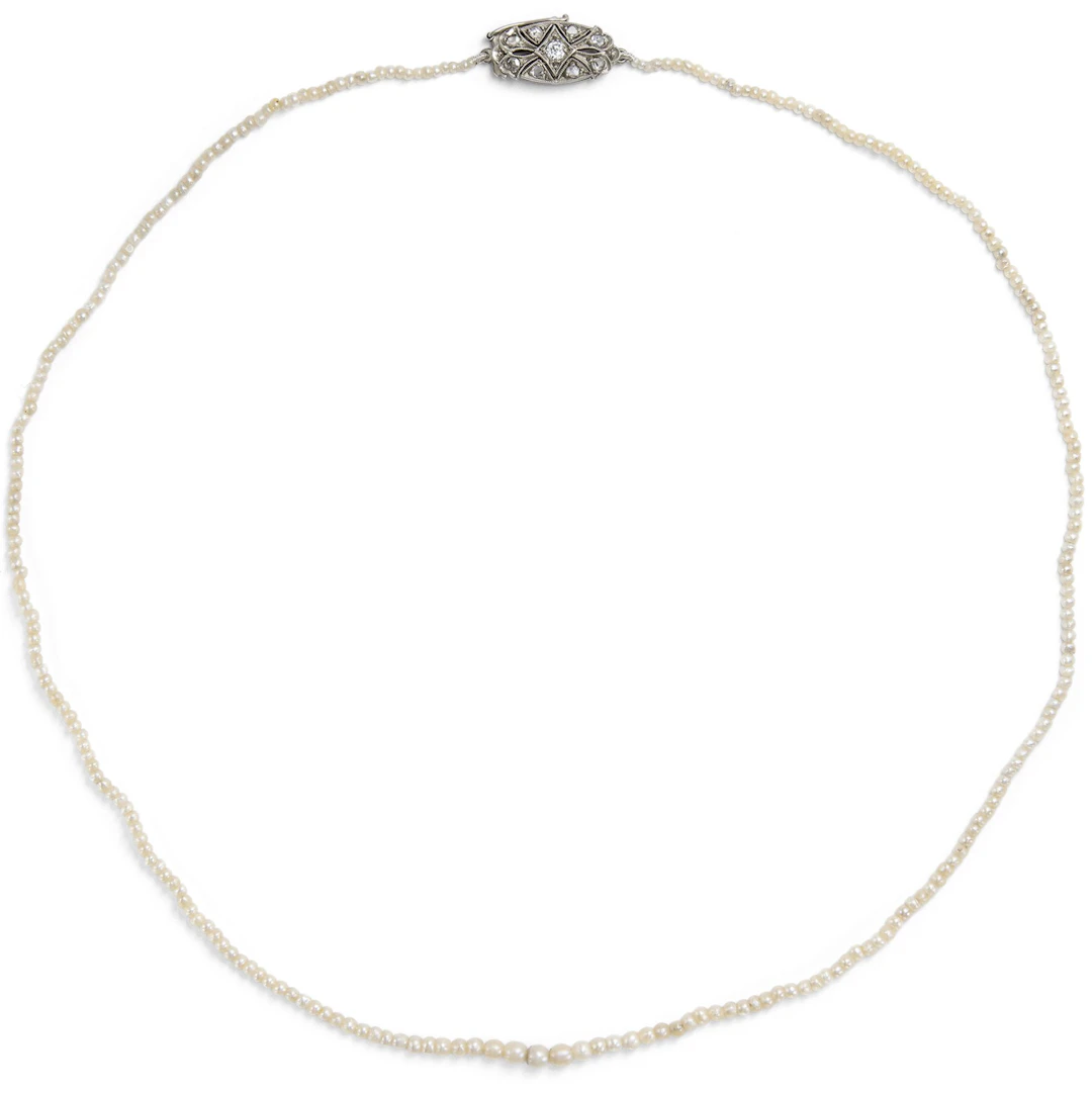 Delicate Natural Saltwater Pearl Necklace with a Diamond Clasp, c. 1920s