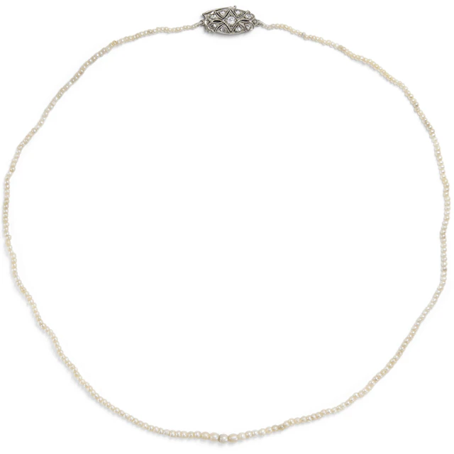 Delicate Natural Saltwater Pearl Necklace with a Diamond Clasp, c. 1920s