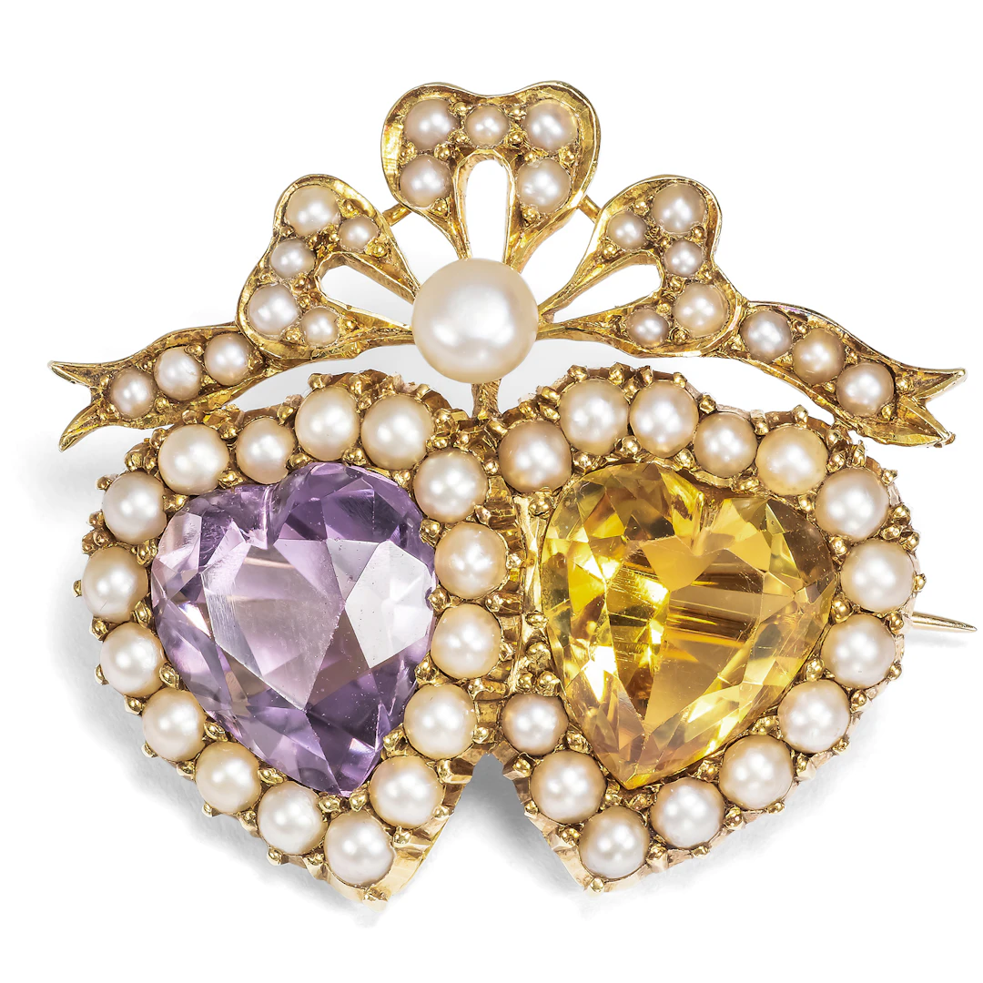 Sentimental Brooch with Amethyst and Citrine Hearts in Gold, c. 1890