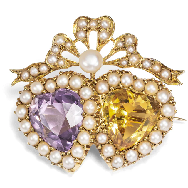 Sentimental Brooch with Amethyst and Citrine Hearts in Gold, c. 1890