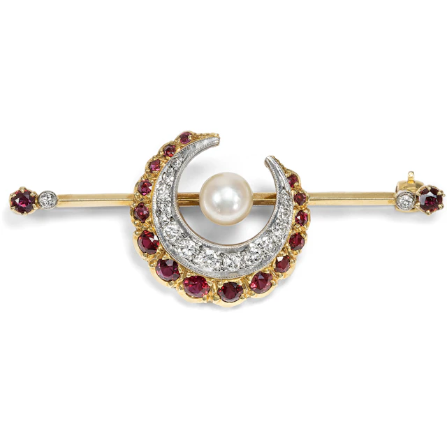 Victorian Style Vintage Brooch with Rubies, Pearl and Diamonds, Birmingham 1975
