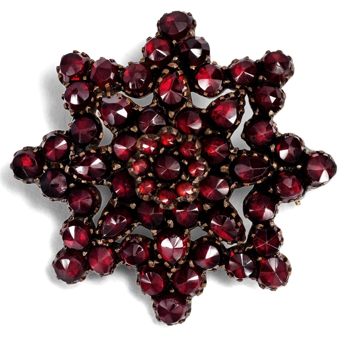 Antique Star-Shaped Brooch Made of Bohemian Garnets, Circa 1890